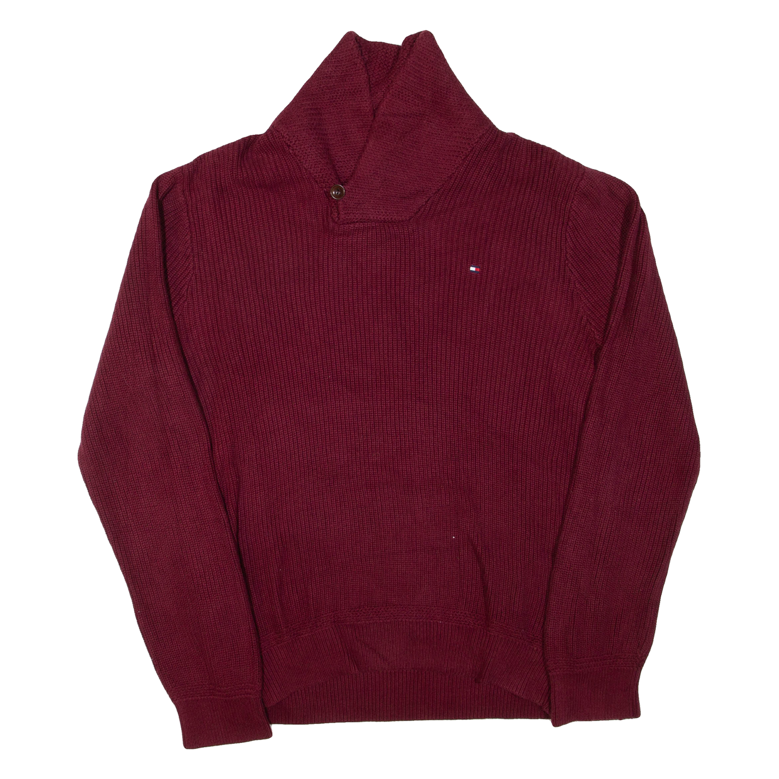 TOMMY HILFIGER Mens Heavy Knit Jumper Maroon Button Neck Chunky Knit L Refurbished - N/A refurbished available on Cerqular