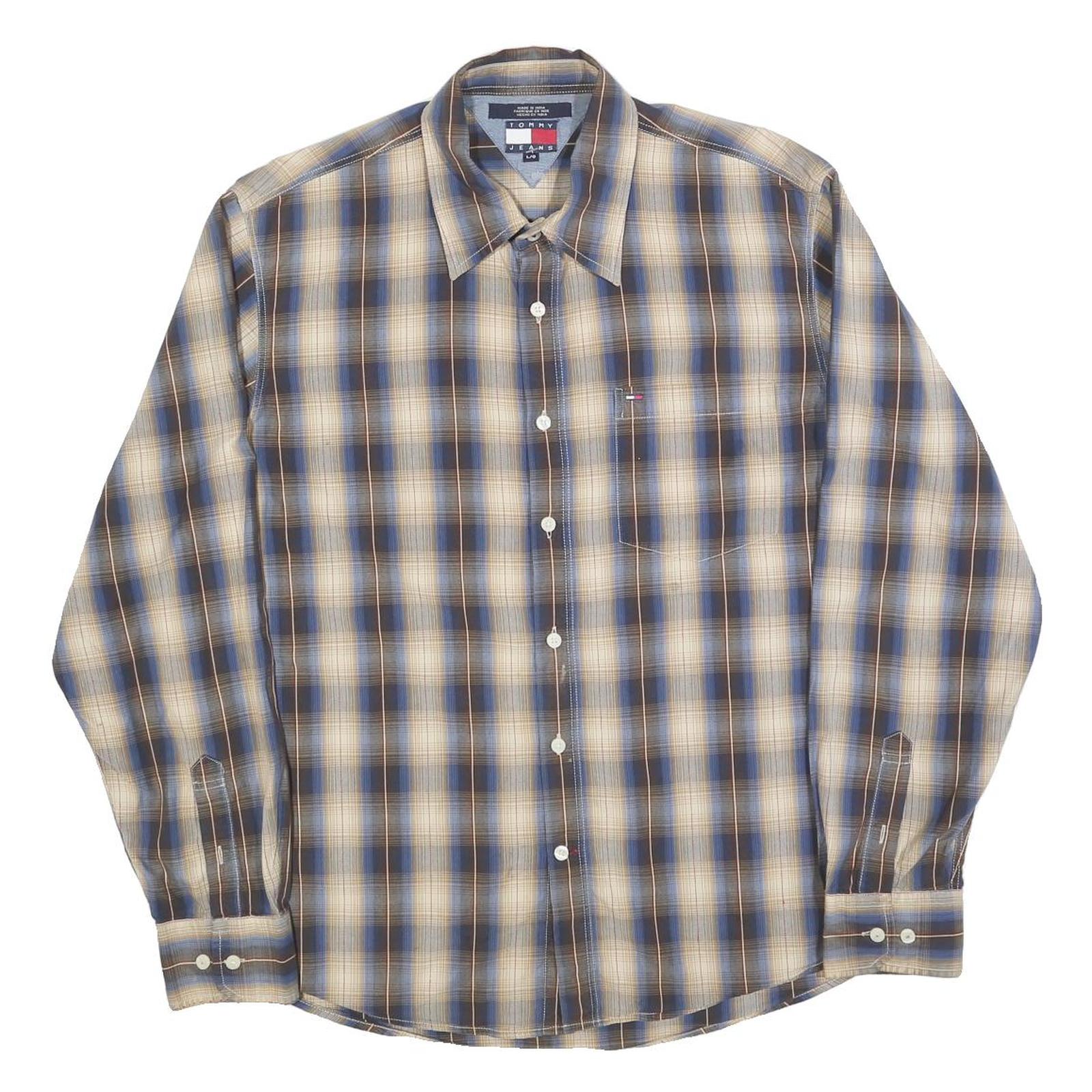 TOMMY JEANS Mens Blue Beige Check Shirt L Long Sleeve Cotton Blend Casual Shirt Refurbished - N/A refurbished available on Cerqular