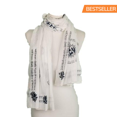 OMSutra Gayatri Mantra Prayer Shawl | Color: White and Charcoal Gray Refurbished - N/A refurbished available on Cerqular