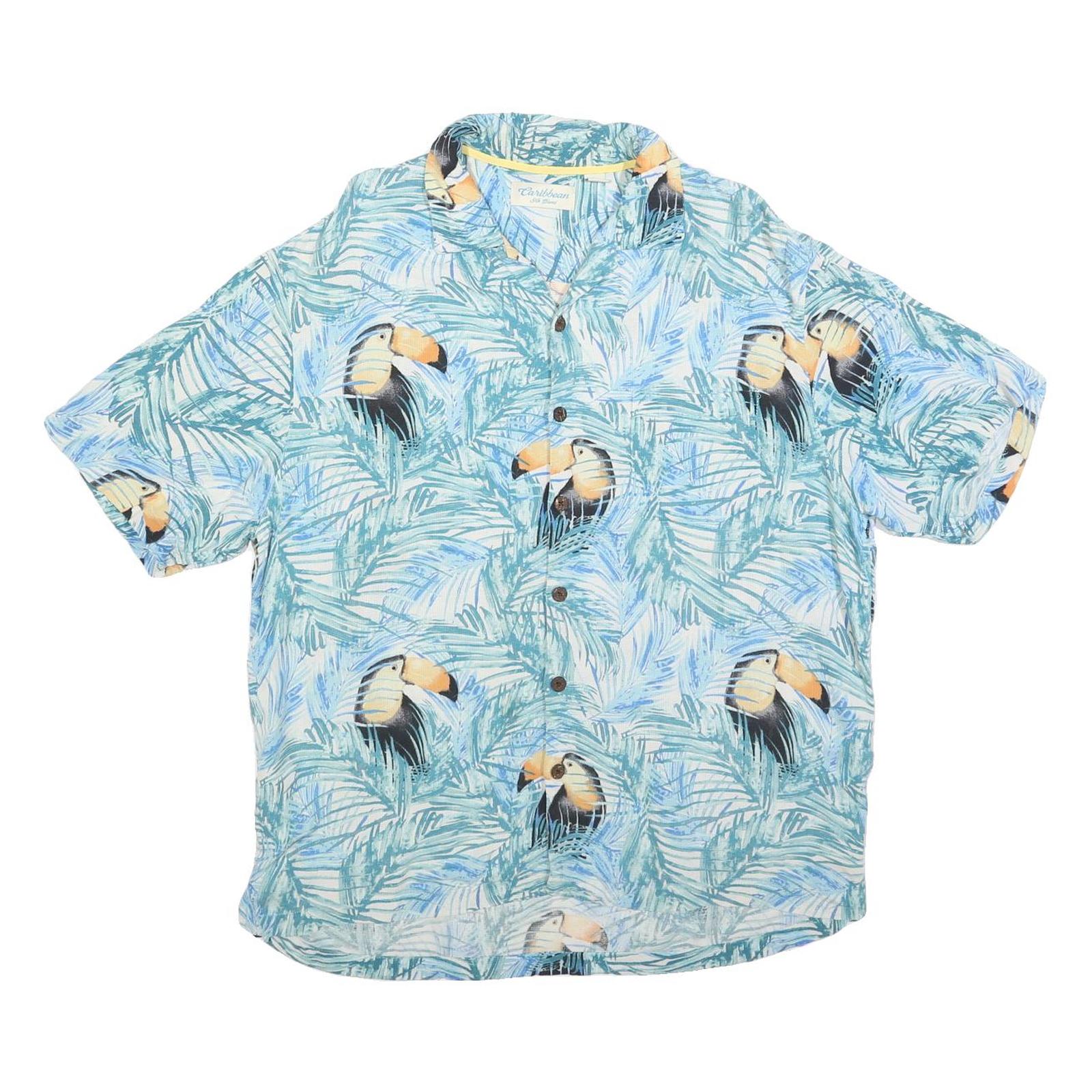 CARIBBEAN Mens Blue & White Toucan Print Silk Blend Shirt L Tropical Holiday Refurbished - N/A refurbished available on Cerqular