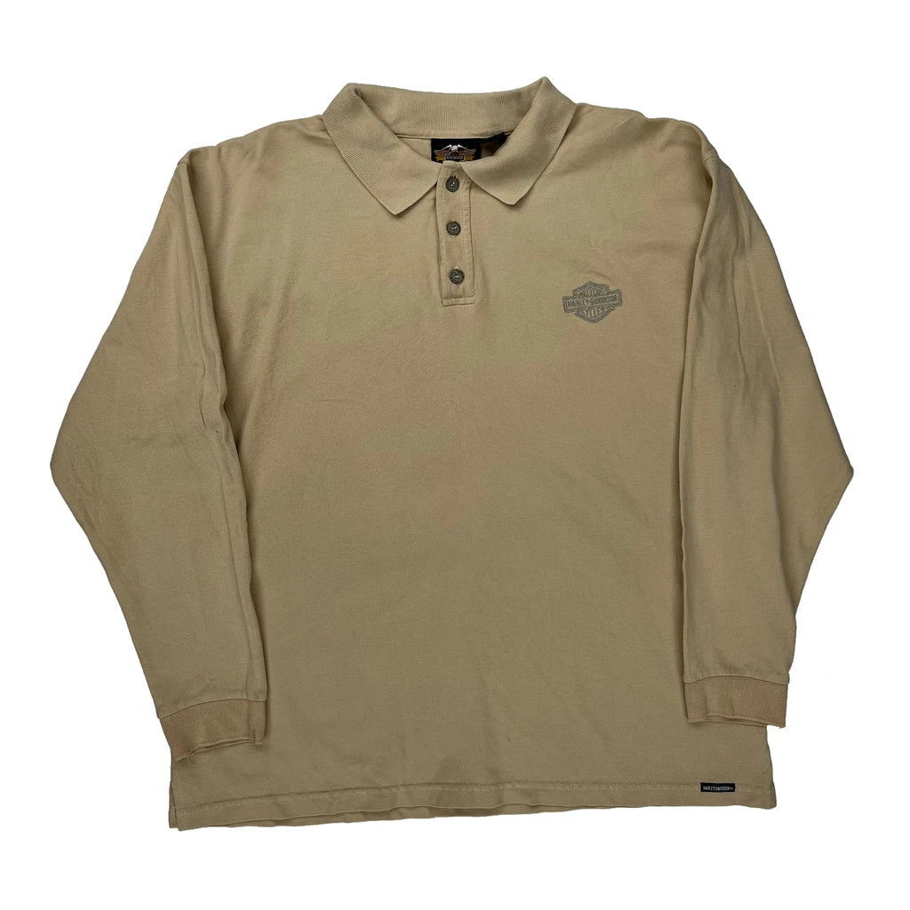Harley Davidson Polo Shirt - XL Beige Cotton Refurbished - Thrifted (note: this is a term often used to describe second- refurbished available on Cerqular