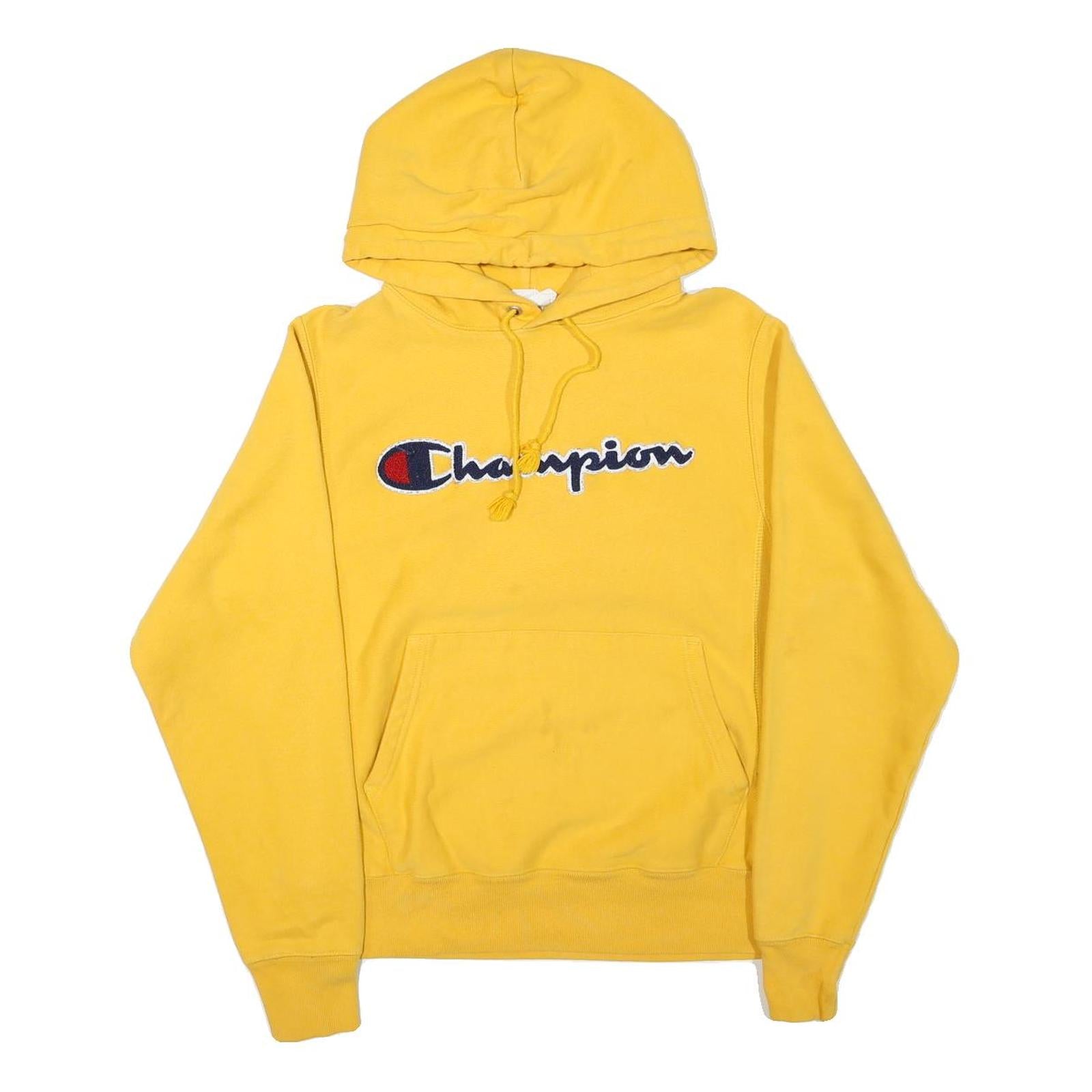 CHAMPION Mens Yellow Hoodie S Cotton Blend Pullover Drawstring Logo Refurbished - N/A refurbished available on Cerqular