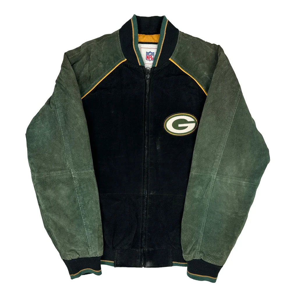 Buy Green Bay Packers Nfl Football Bomber Jacket - Medium Black Suede Refurbished - $200.99 Green Bay Packers Nfl Football Bomber Jacket - Medium Black Suede Refurbished - Thrifted (note: this is a term often used to describe second- refurbished available on Cerqular
