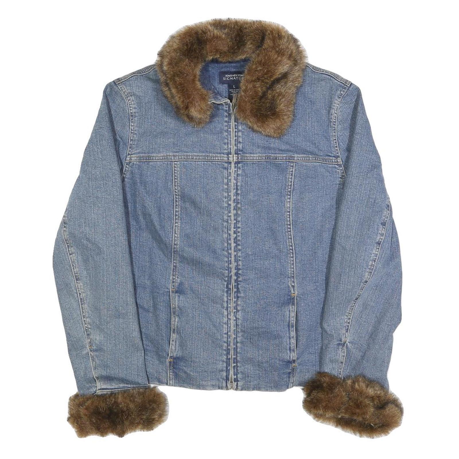 JONES NEW YORK Womens Blue Cotton Faux Fur Collar & Cuff Zip Denim Jacket L Refurbished - N/A refurbished available on Cerqular
