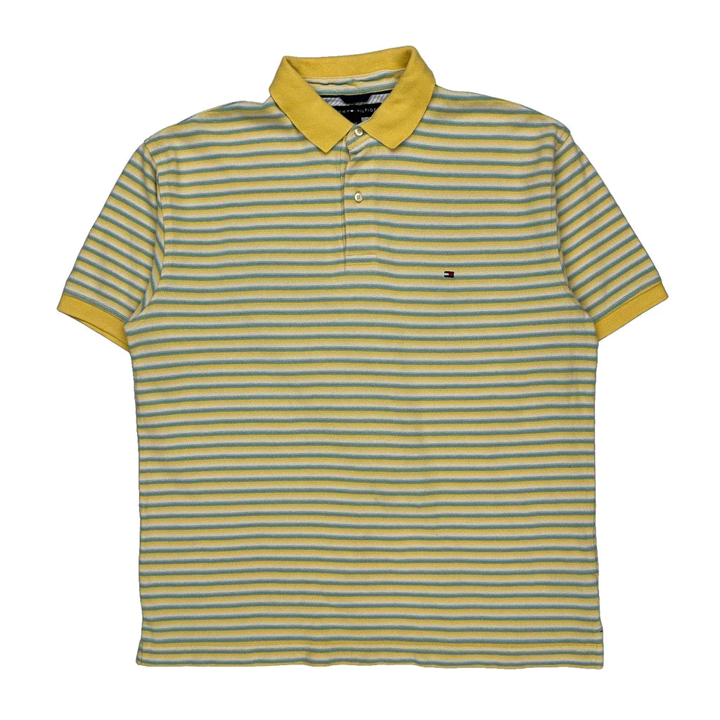 Tommy Hilfiger Striped Polo Shirt - Large Blue Cotton Refurbished - Thrifted (note: this is a term often used to describe second- refurbished available on Cerqular