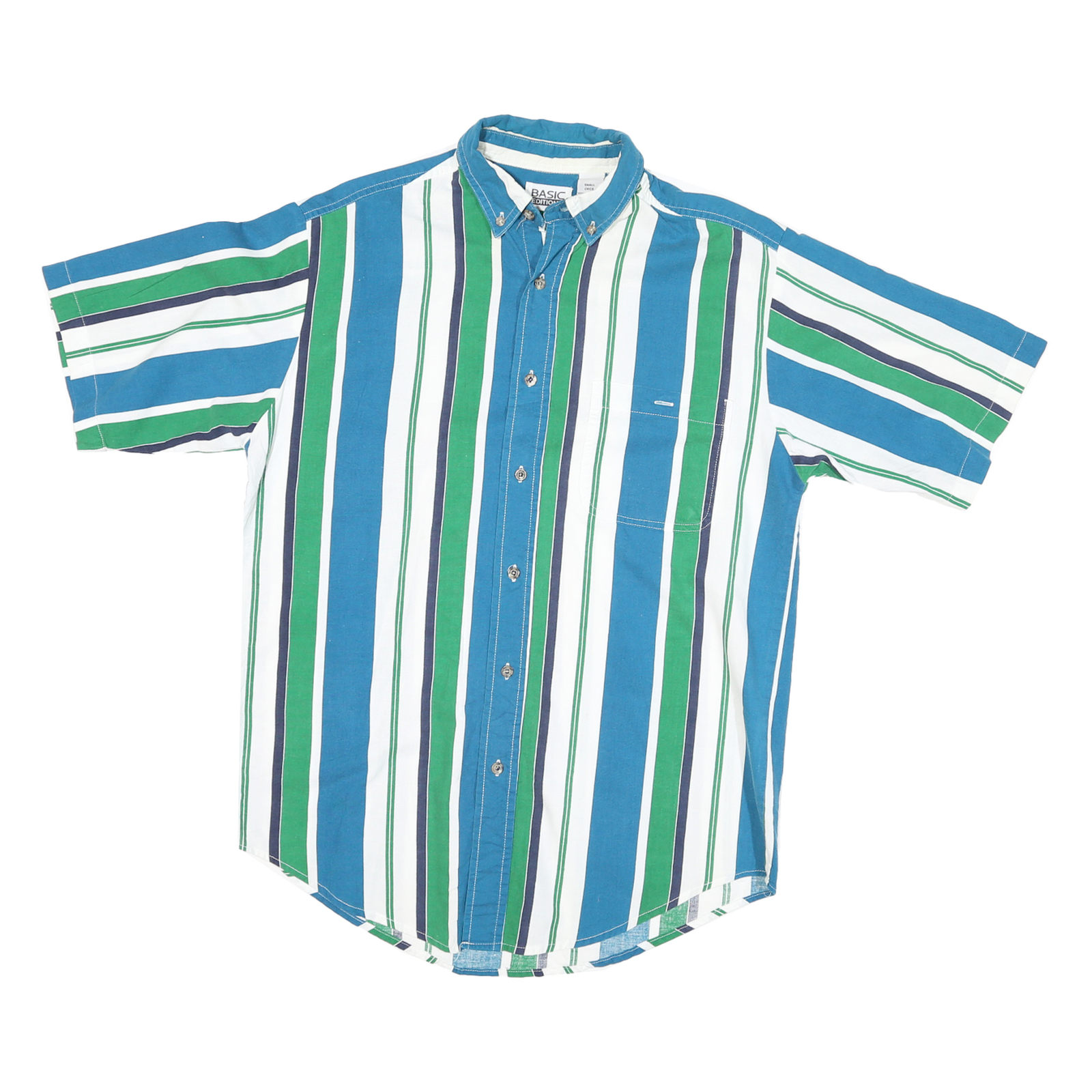BASIC Mens Blue Green & White Stripe Shirt S Button-Down Collar Cotton Refurbished - N/A refurbished available on Cerqular