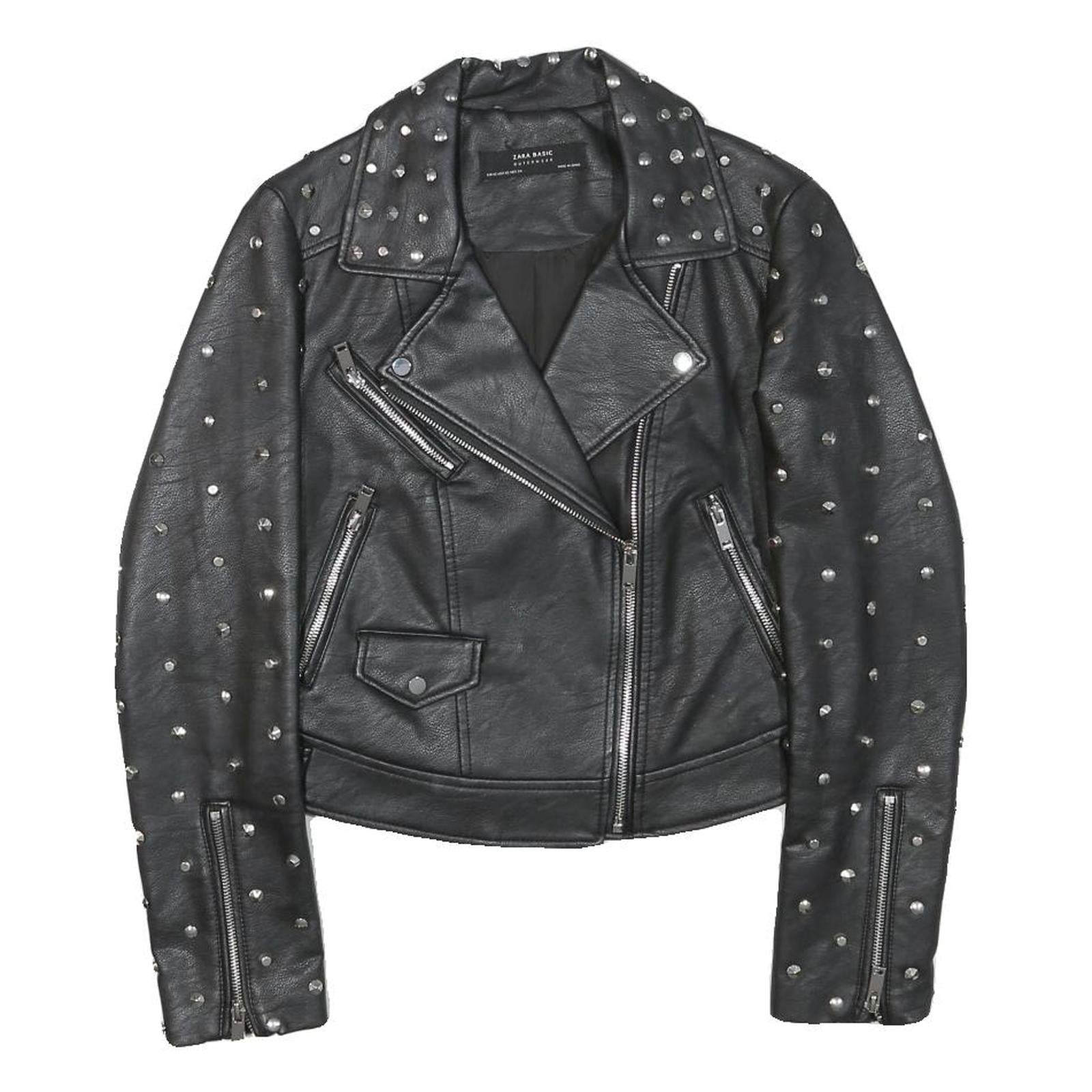 ZARA BASIC Womens Black Leather Studded Biker Jacket XS Embroidered Skull Patch Refurbished - N/A refurbished available on Cerqular