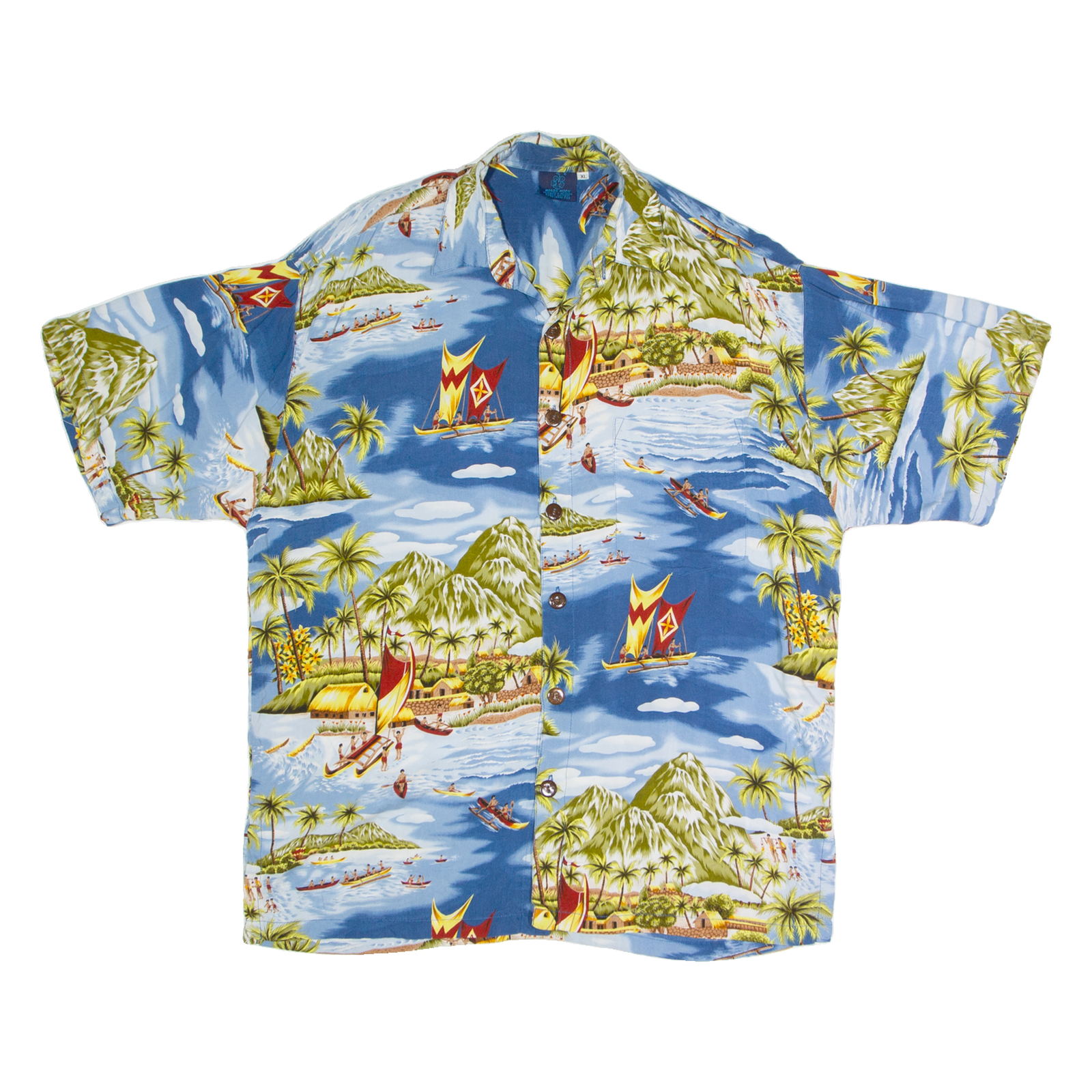 MANGO MOON Boat Mens Hawaiian Shirt Blue Crazy Pattern XL Refurbished - N/A refurbished available on Cerqular