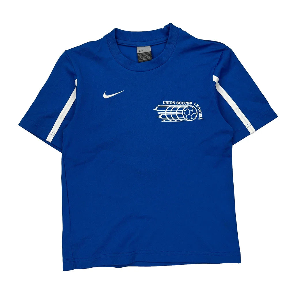 Age 12 Union Soccer League Nike Football Shirt - Medium Blue Polyester Refurbished - Thrifted (note: this is a term often used to describe second- refurbished available on Cerqular