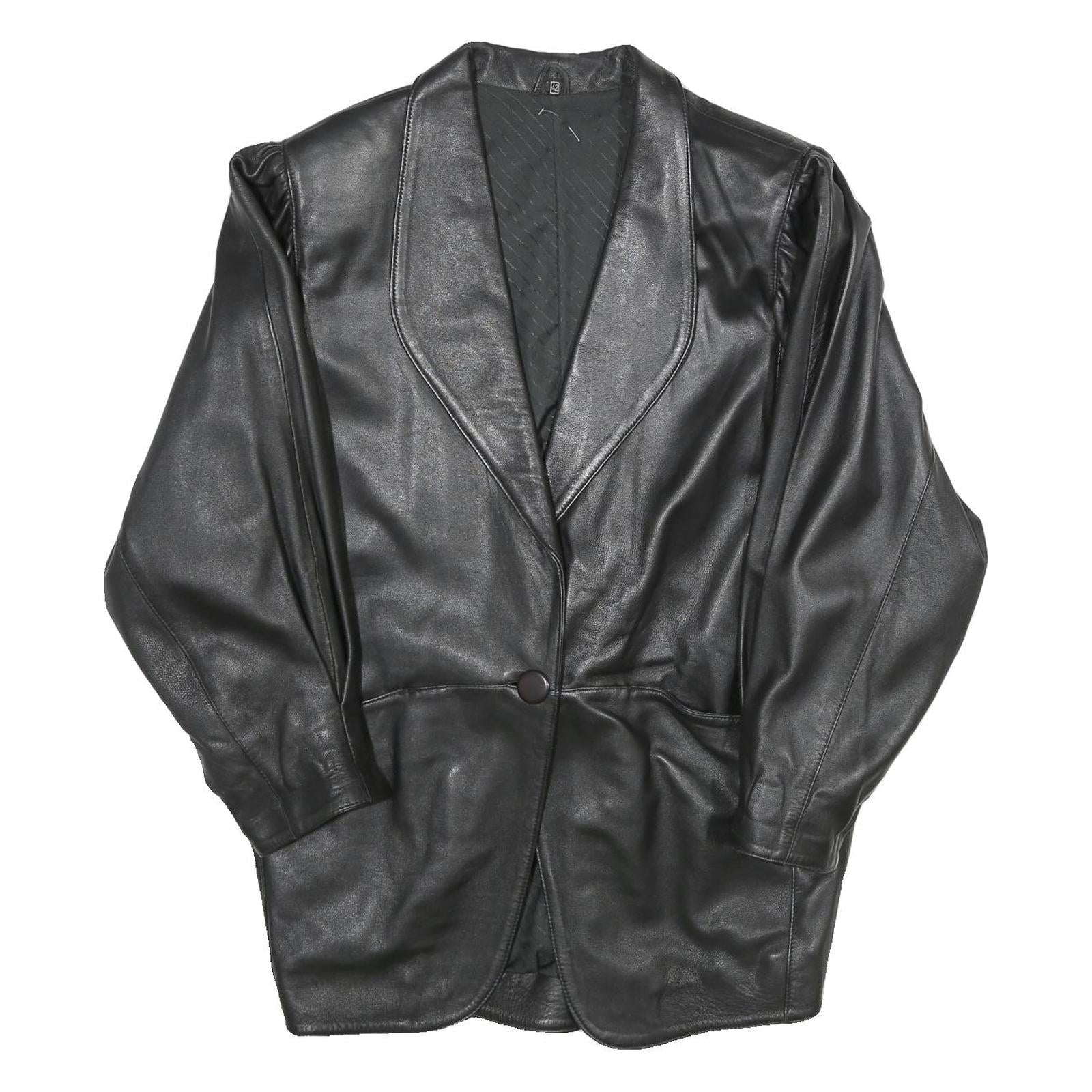 Womens Black Leather Button Jacket UK 14 Classic Plain Stylish Outerwear Refurbished - N/A refurbished available on Cerqular