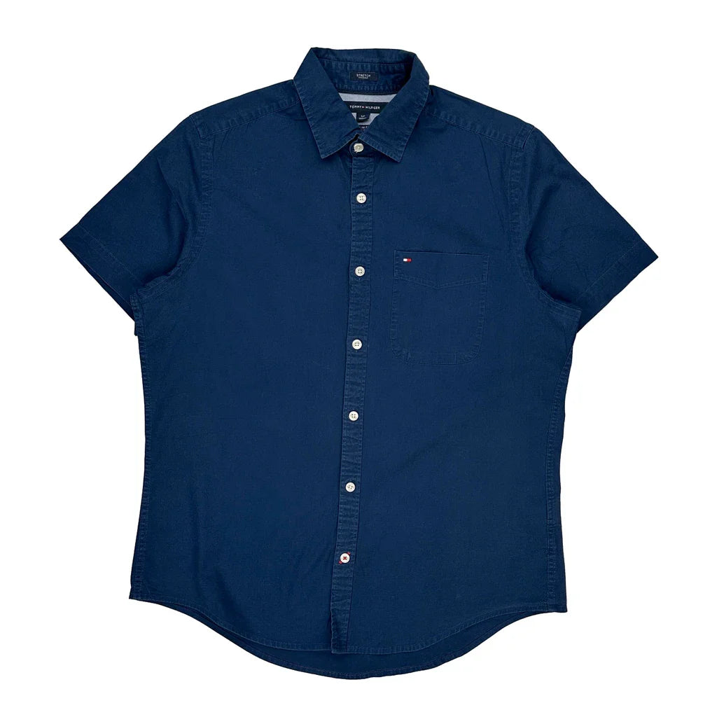 Tommy Hilfiger Slim Fit Short Sleeve Shirt - Small Blue Cotton Refurbished - Thrifted (note: this is a term often used to describe second- refurbished available on Cerqular