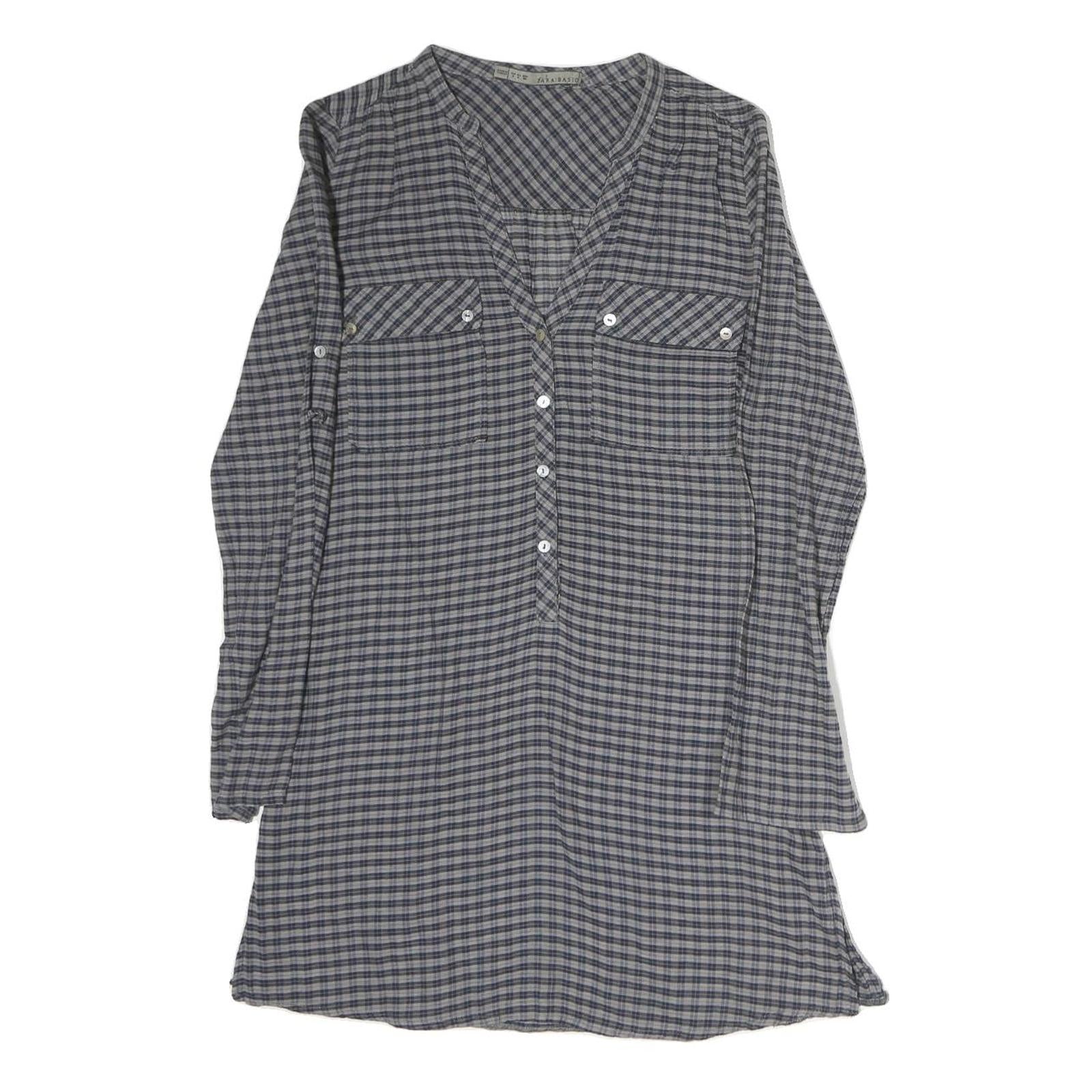 ZARA Womens Grey Blue Check Basic Shirt Long Sleeve V-Neck S Cotton Blend Casual Refurbished - N/A refurbished available on Cerqular