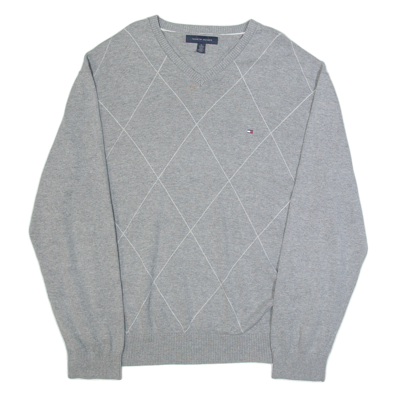 TOMMY HILFIGER Mens Patterned Jumper Grey Diamond V-Neck Tight Knit XL Refurbished - N/A refurbished available on Cerqular