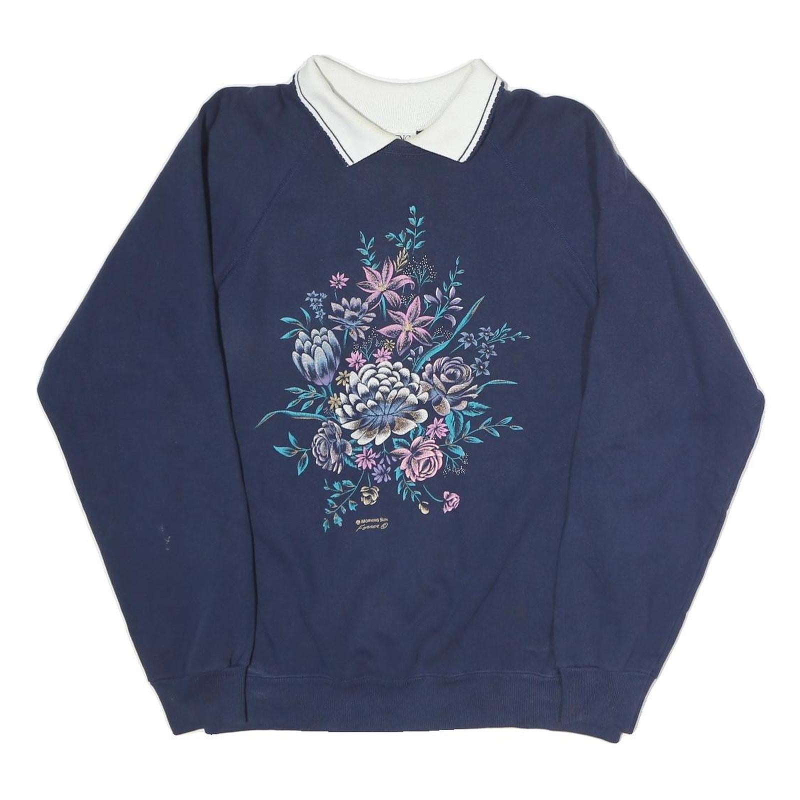 MORNING SUN Womens Navy Blue & White Floral Print Collar L Cotton Sweatshirt Refurbished - N/A refurbished available on Cerqular
