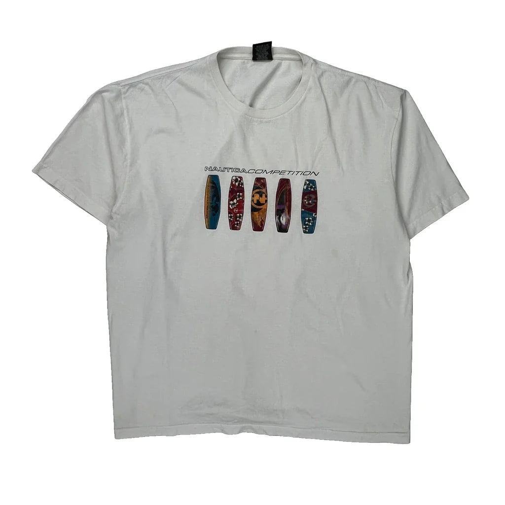 Nautica Graphic T-Shirt - XL White Cotton Refurbished - Thrifted (note: this is a term often used to describe second- refurbished available on Cerqular