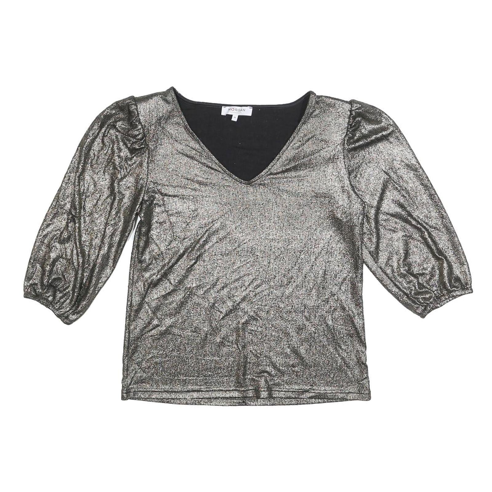 MORGAN Y2K Womens Silver Metallic Top 3/4 Sleeve V-Neck Shiny M Evening Sparkle Refurbished - N/A refurbished available on Cerqular