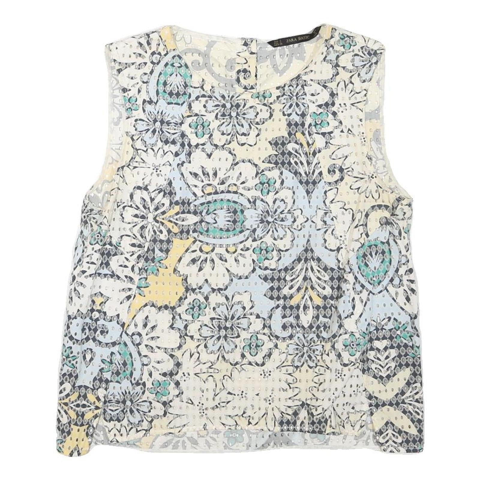 ZARA Womens White Blue Yellow Printed Sleeveless Round Neck Top S Lightweight Refurbished - N/A refurbished available on Cerqular