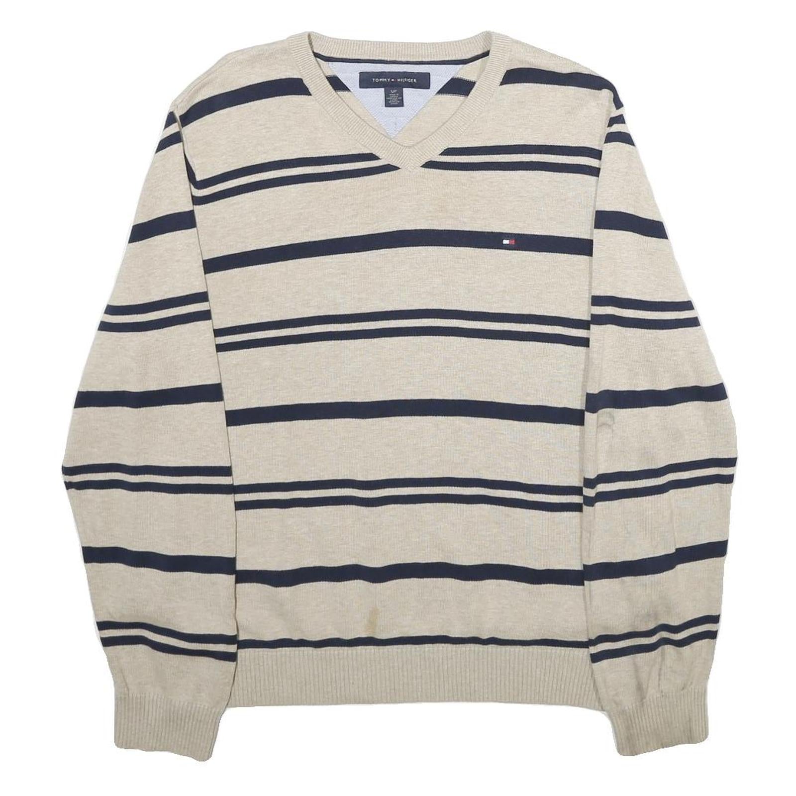 TOMMY HILFIGER Mens Beige & Navy Patterned Cotton Jumper V-Neck Rib Knit S Refurbished - N/A refurbished available on Cerqular