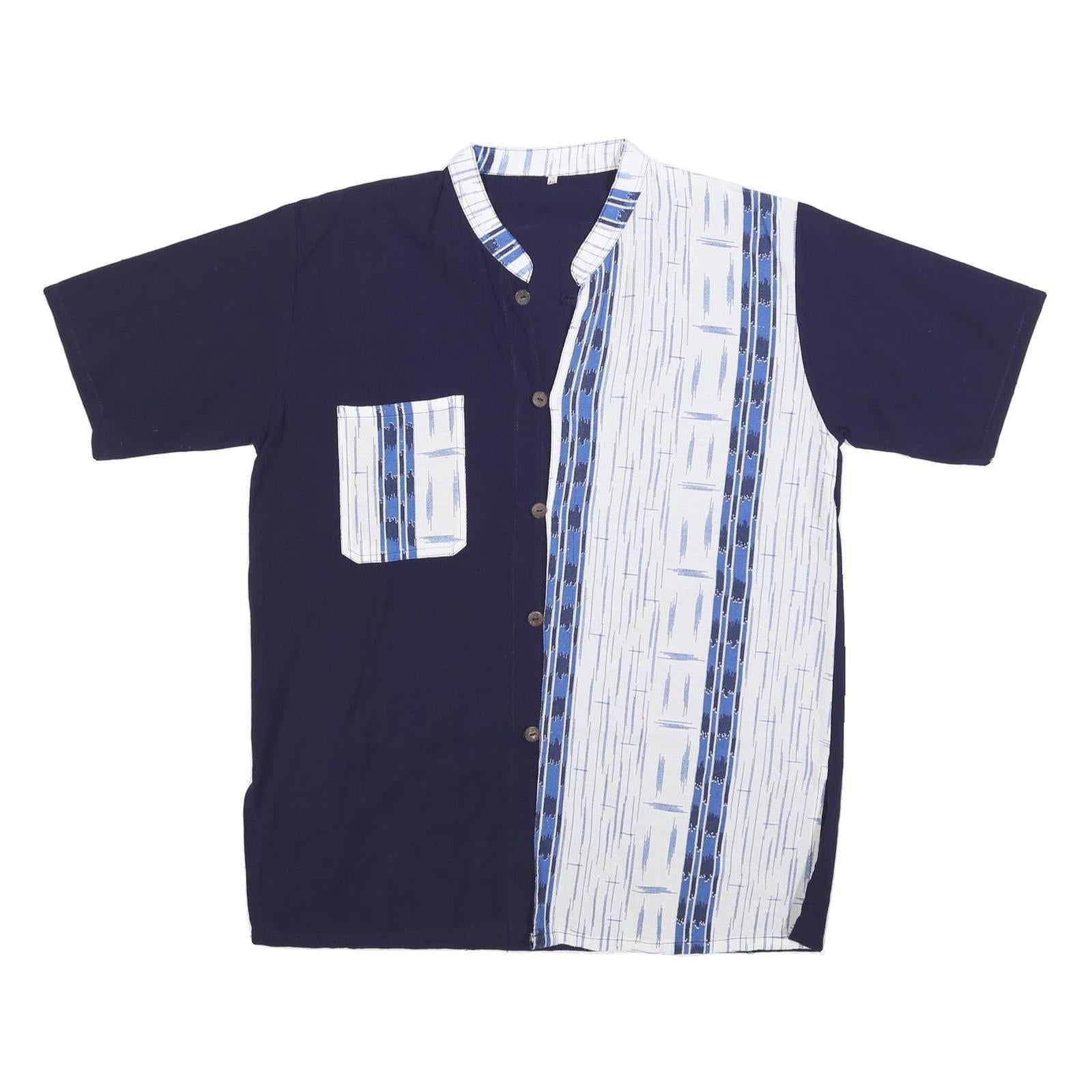 Mens Navy Blue & White Printed Cotton Blend Shirt M Short Sleeve Button Collar Refurbished - N/A refurbished available on Cerqular