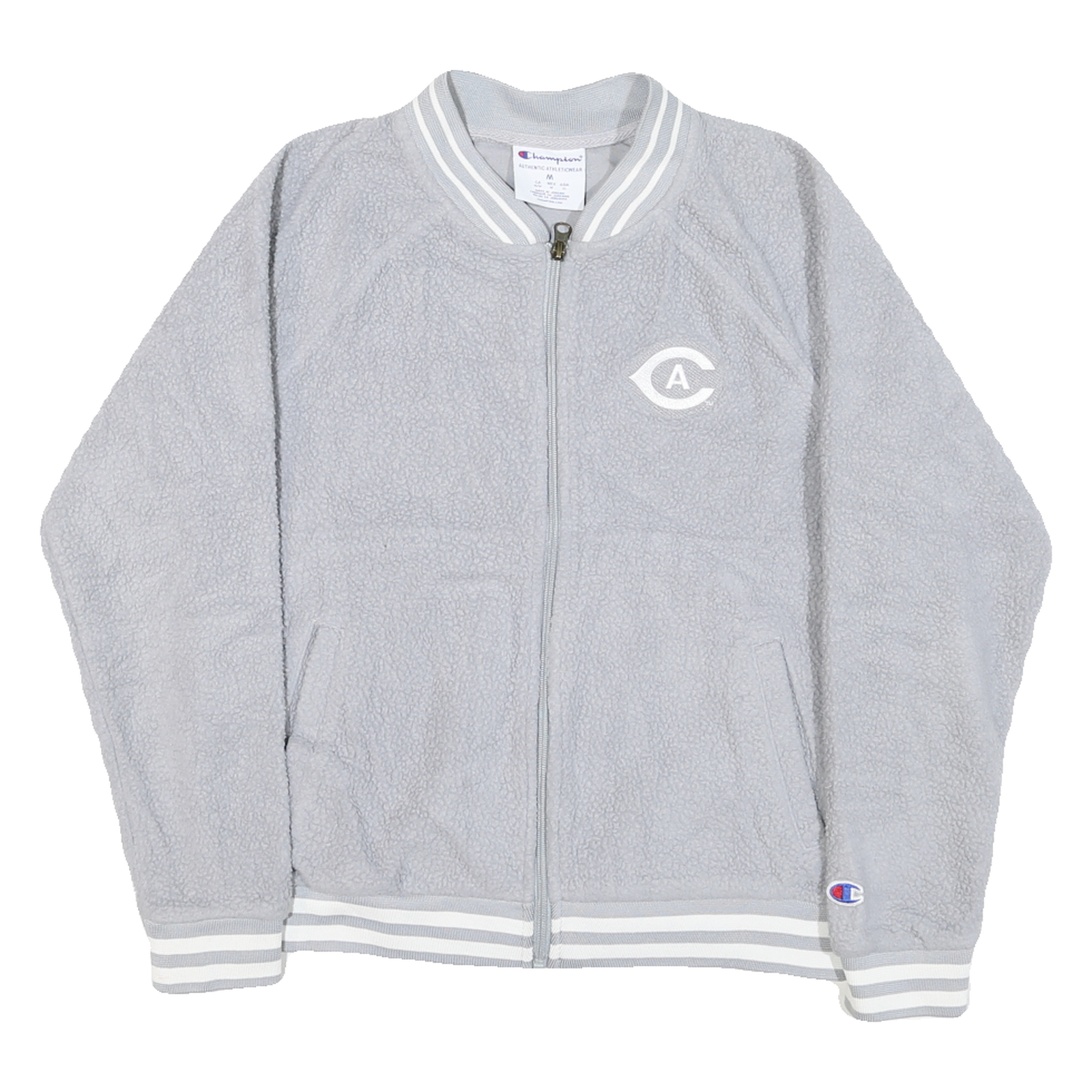 CHAMPION Mens Grey Baseball Style Jacket M Polyester Blend Sherpa Zip Casual Refurbished - N/A refurbished available on Cerqular