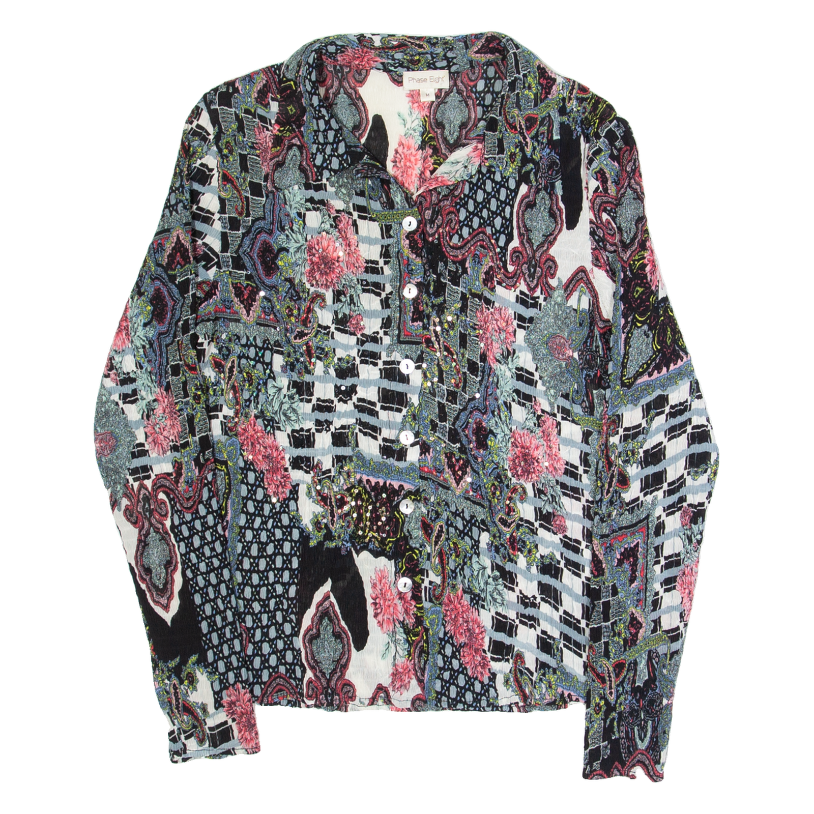PHASE EIGHT Womens Printed Shirt Black Collared Long Sleeve Crazy Pattern M Refurbished - N/A refurbished available on Cerqular