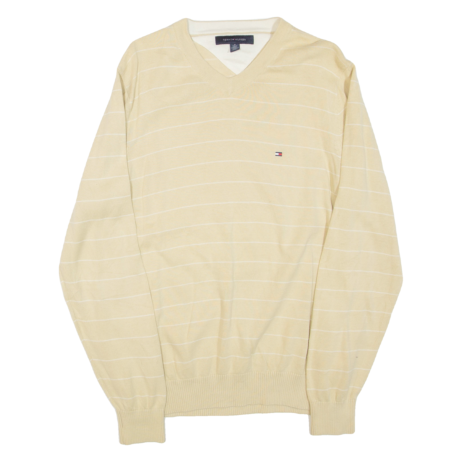 TOMMY HILFIGER Mens Patterned Jumper Yellow Striped V-Neck Tight Knit M Refurbished - N/A refurbished available on Cerqular