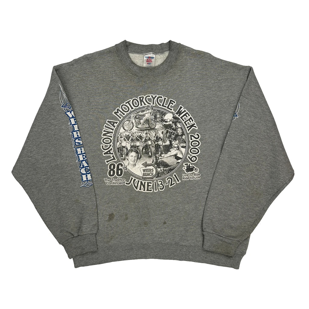 Laconia Motorcycle Week 2009 Jerzees Graphic Sweatshirt - Large Grey Polyester Blend Refurbished - Thrifted (note: this is a term often used to describe second- refurbished available on Cerqular