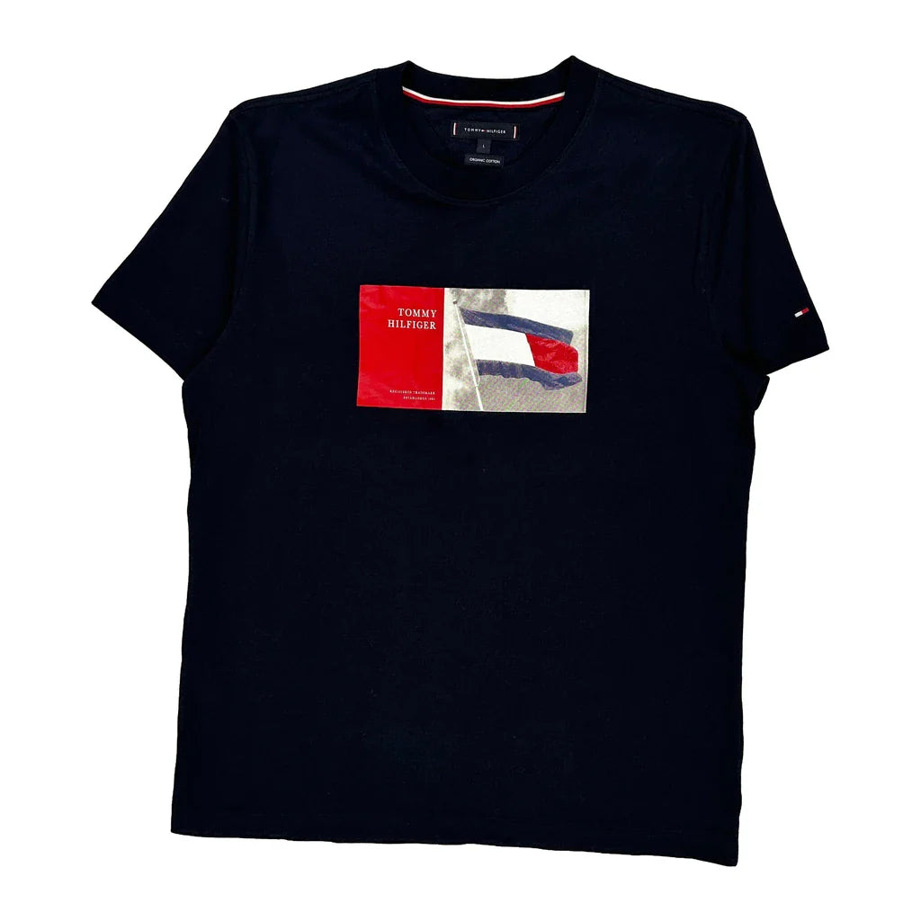 Tommy Hilfiger Graphic T-Shirt - Large Navy Cotton Refurbished - Thrifted (note: this is a term often used to describe second- refurbished available on Cerqular