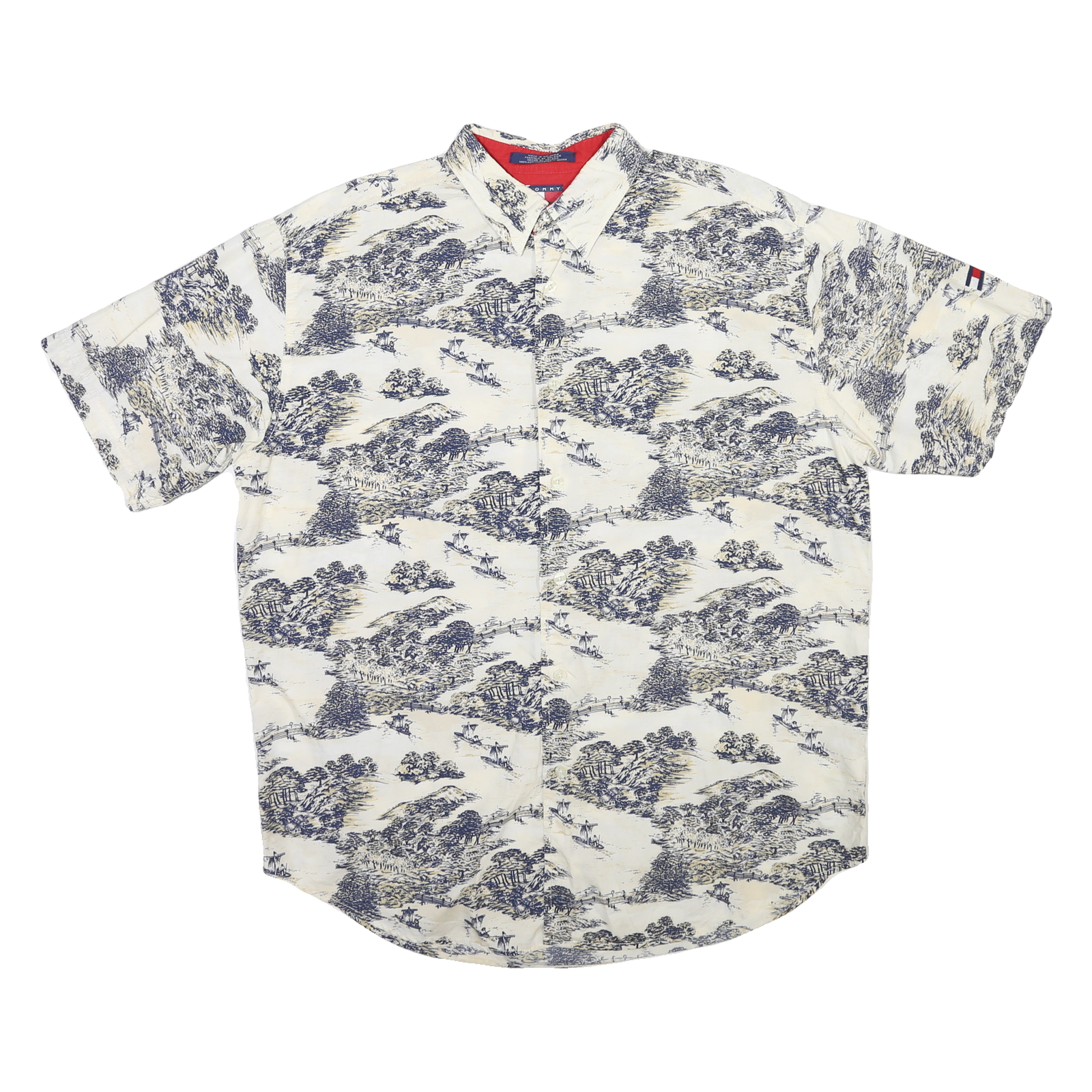 TOMMY JEANS Mens White & Navy Printed Cotton Shirt L Casual Summer Short Sleeve Refurbished - N/A refurbished available on Cerqular