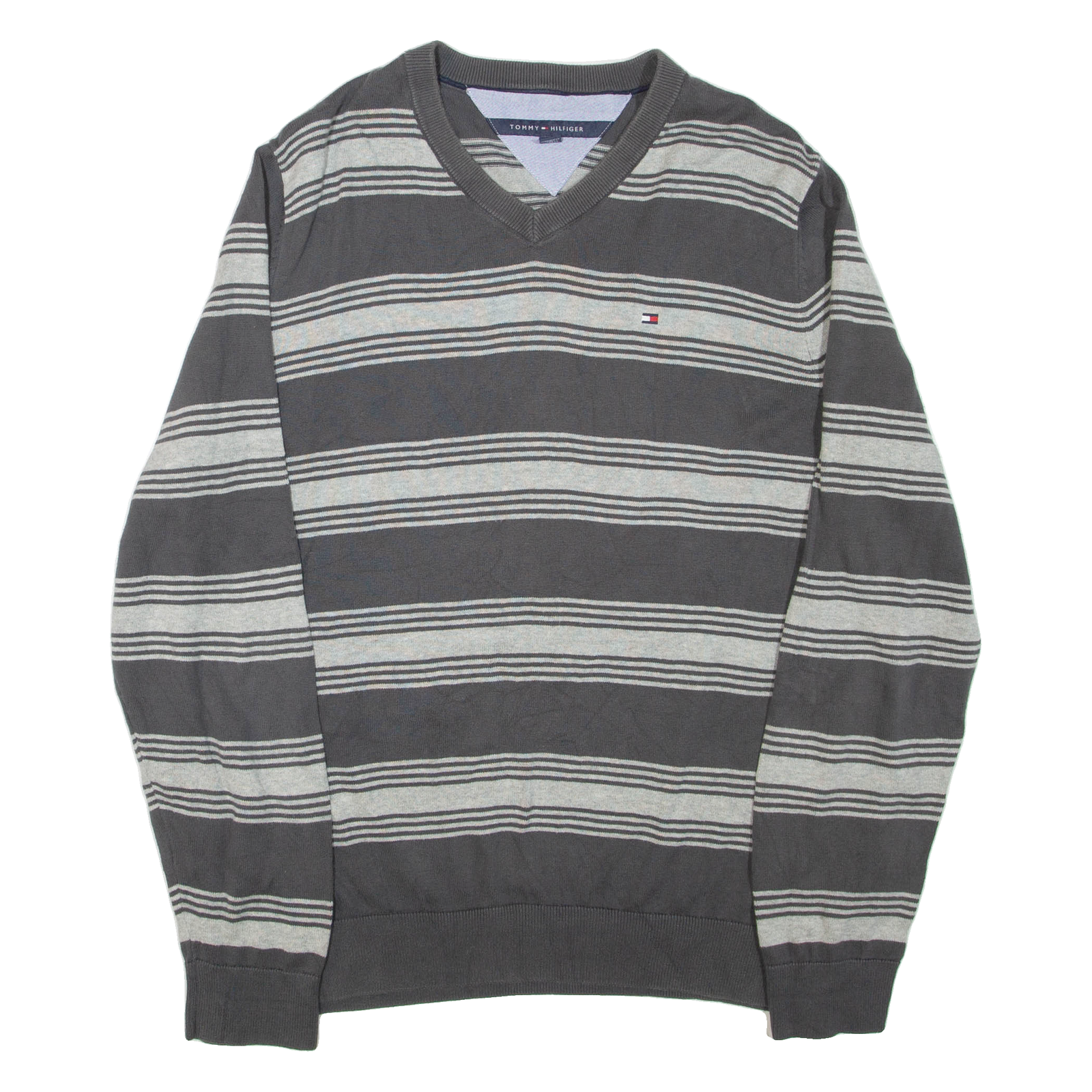TOMMY HILFIGER Mens Patterned Jumper Grey Striped V-Neck Tight Knit L Refurbished - N/A refurbished available on Cerqular