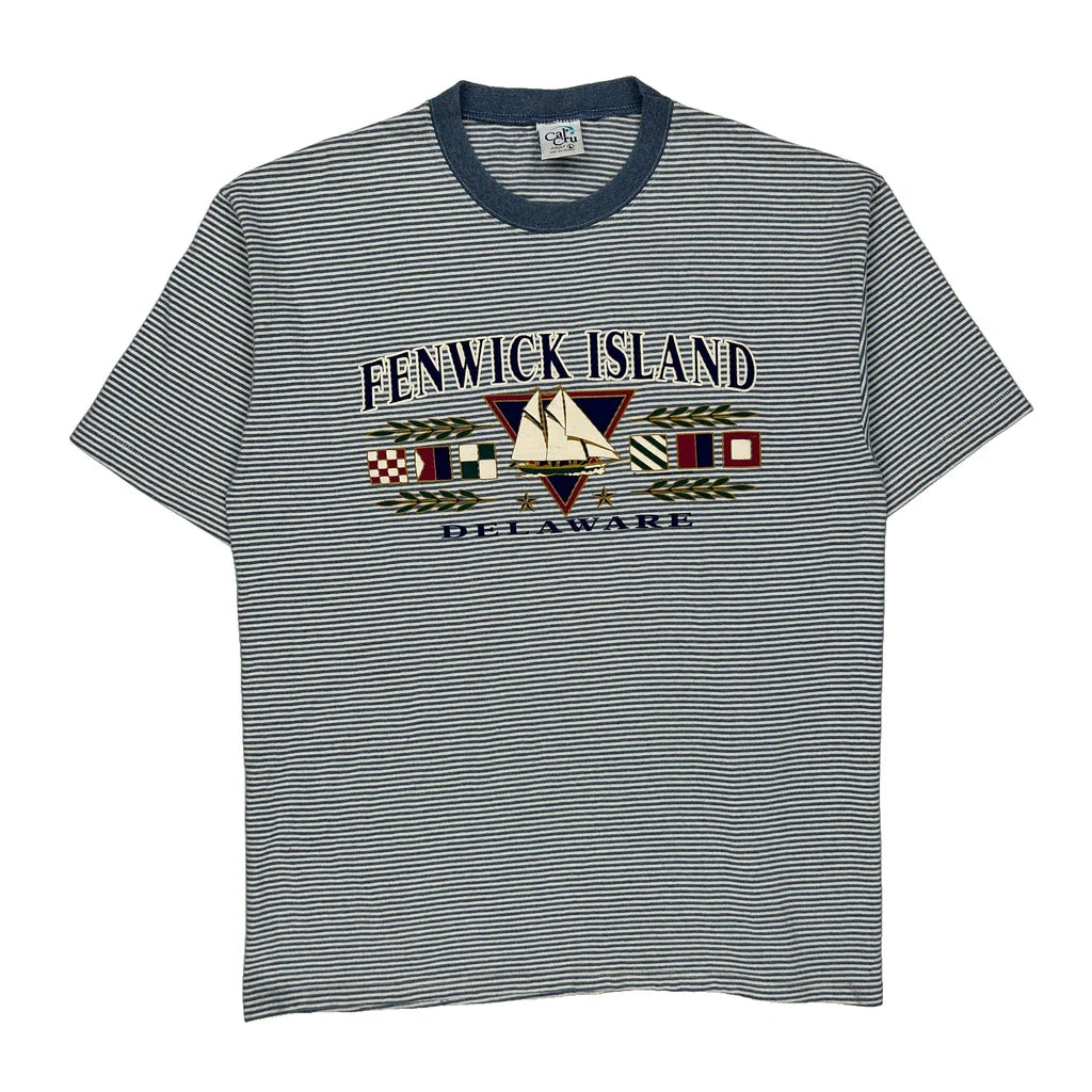 Fenwick Island Delaware Cal Cru Single Stitch T-Shirt - Large Blue Cotton Refurbished - Thrifted (note: this is a term often used to describe second- refurbished available on Cerqular