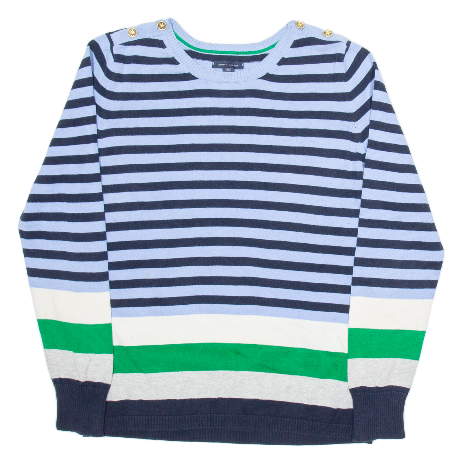 TOMMY HILFIGER Womens Patterned Jumper Blue Striped Tight Knit L Refurbished - N/A refurbished available on Cerqular