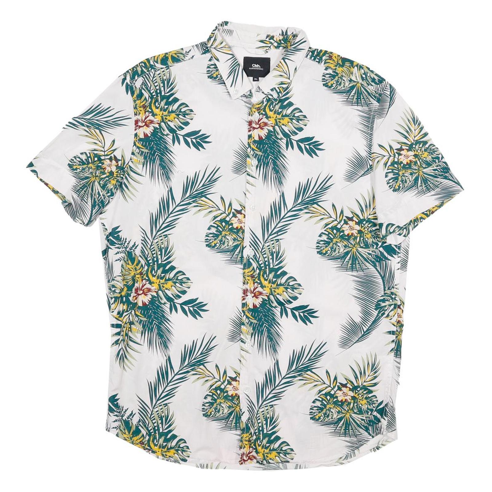 Mens White Green Yellow Floral Cotton Blend Shirt XL Tropical Pattern Casual Refurbished - N/A refurbished available on Cerqular