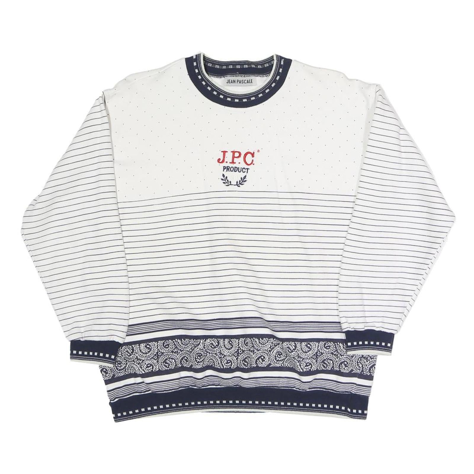 JEAN PASCALE Womens White & Navy Patterned Crew Neck Sweatshirt S Casual Cotton Refurbished - N/A refurbished available on Cerqular