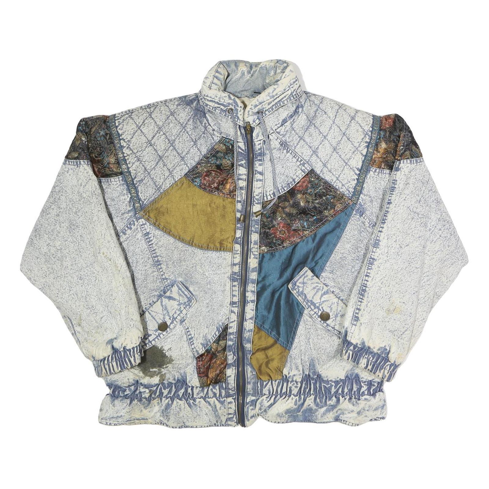 WEATHERED BLUES Womens Blue Patchwork Zip Cotton Blend Jacket L Artistic Pattern Refurbished - N/A refurbished available on Cerqular