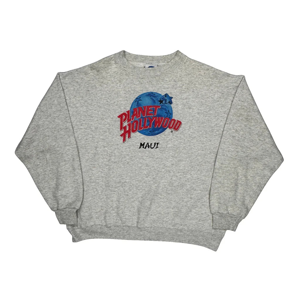 Planet Hollywood Graphic Sweatshirt - Large Grey Cotton Blend Refurbished - Thrifted (note: this is a term often used to describe second- refurbished available on Cerqular