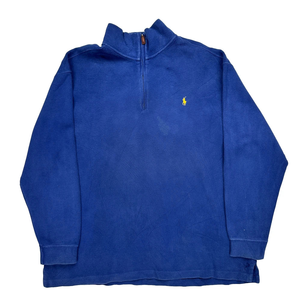 Polo By Ralph Lauren 1/4 Zip - 2XL Blue Cotton Refurbished - Thrifted (note: this is a term often used to describe second- refurbished available on Cerqular