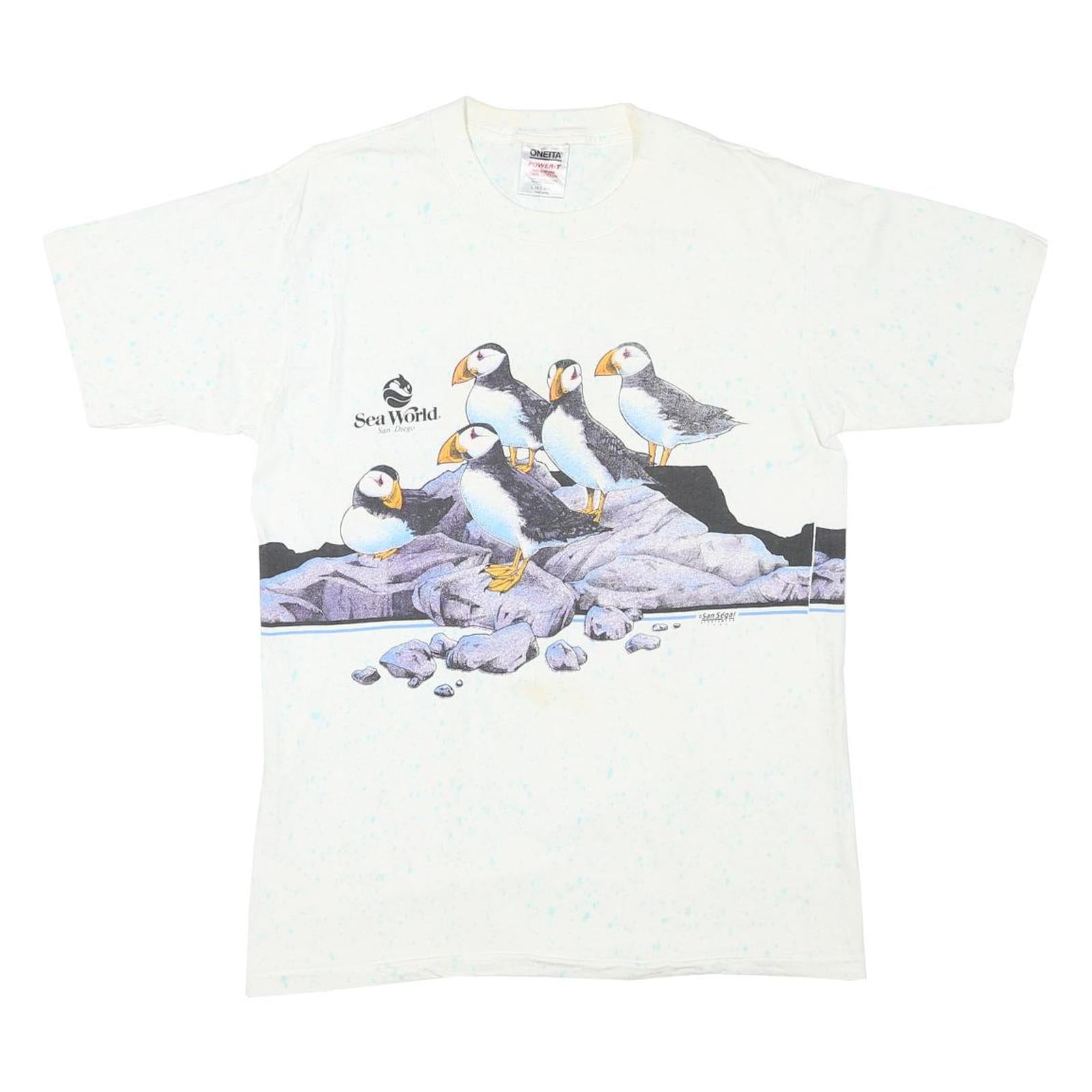 ONEITA Mens White Sea World Puffin Graphic T-Shirt L Short Sleeve Crew Neck Refurbished - N/A refurbished available on Cerqular