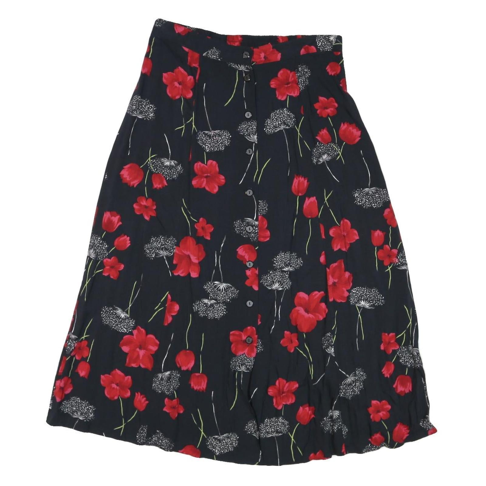 SAG HARBOR Womens Black & Red Floral Rayon Midi Button Skirt L Comfortable Refurbished - N/A refurbished available on Cerqular