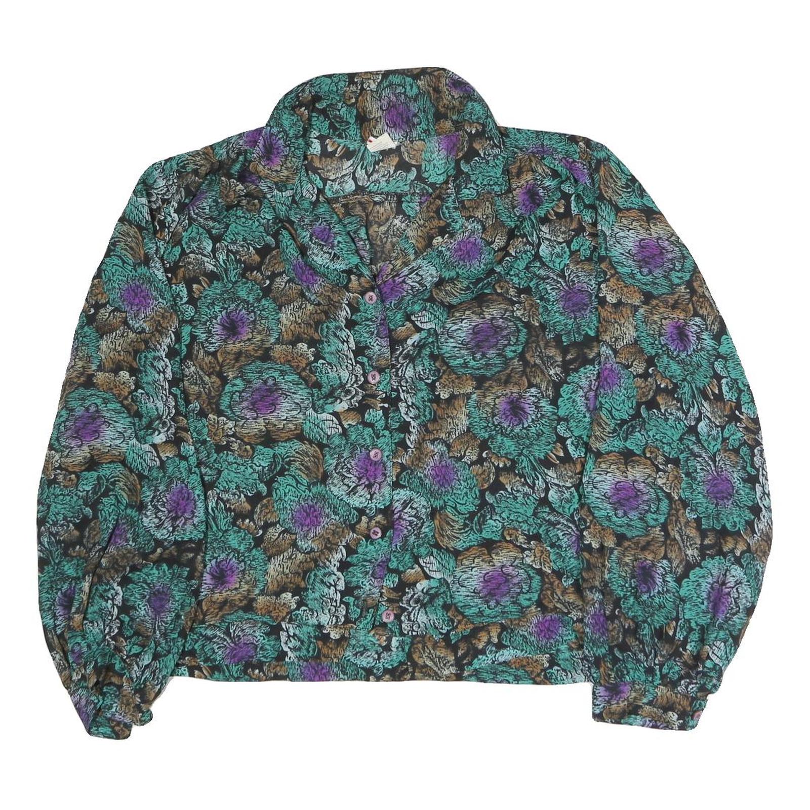 Womens Black Green Purple Floral Blouse Long Sleeve Button Neck L Vintage Style Refurbished - N/A refurbished available on Cerqular