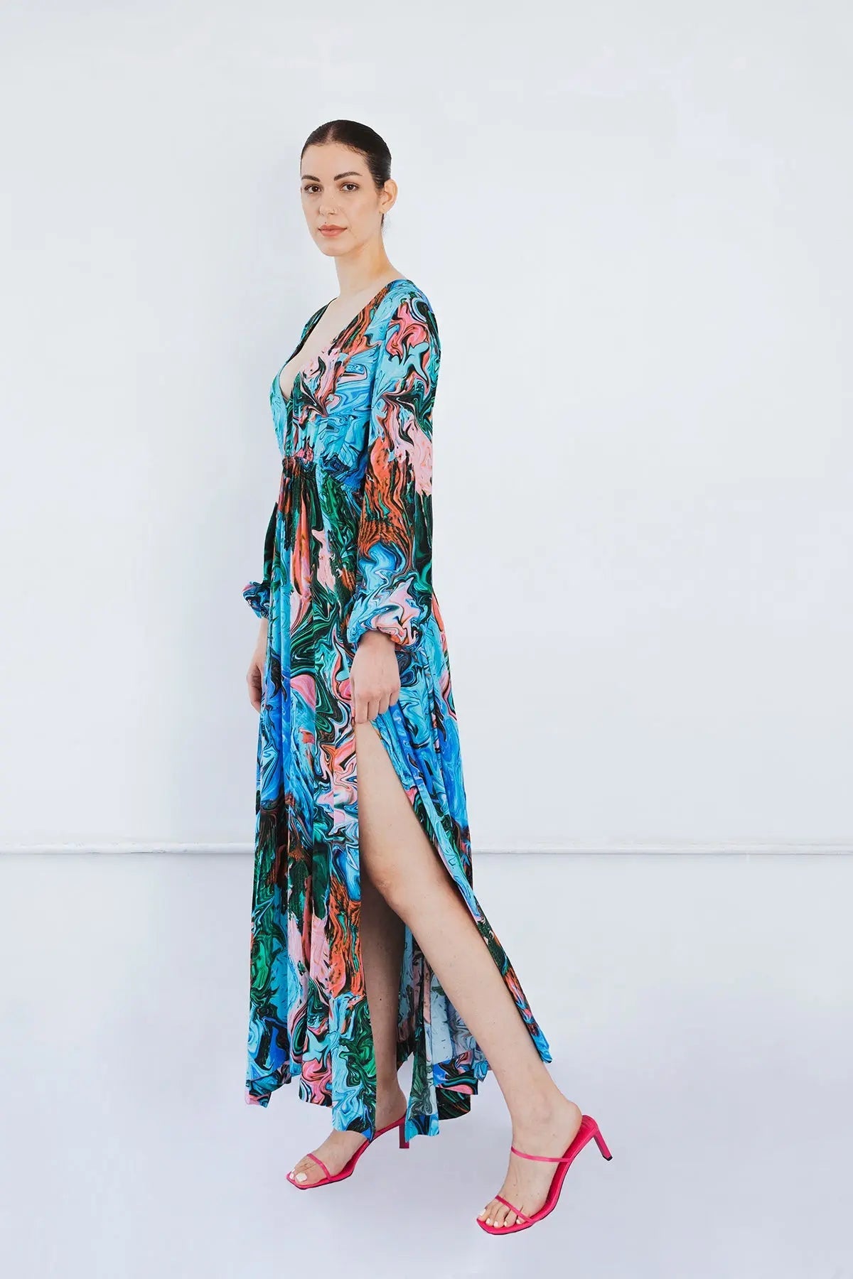 Jersey V Neck Maxi Dress in Paint Stroke Print | Size: 8/16UK Refurbished - N/A (Note: There is no well-known brand by this name refurbished available on Cerqular