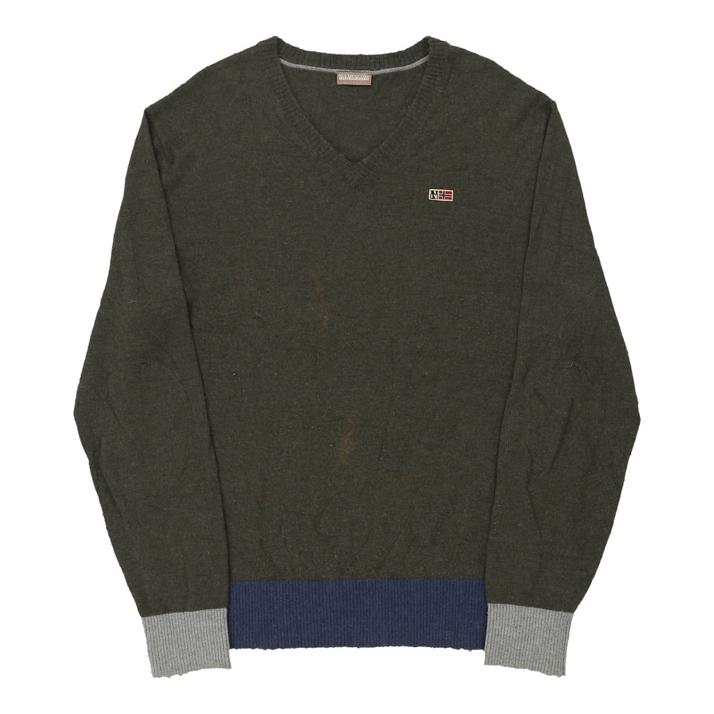 Napapijri V-neck Jumper - XL Khaki Wool Blend Refurbished - Thrifted (note: this is a term often used to describe second- refurbished available on Cerqular