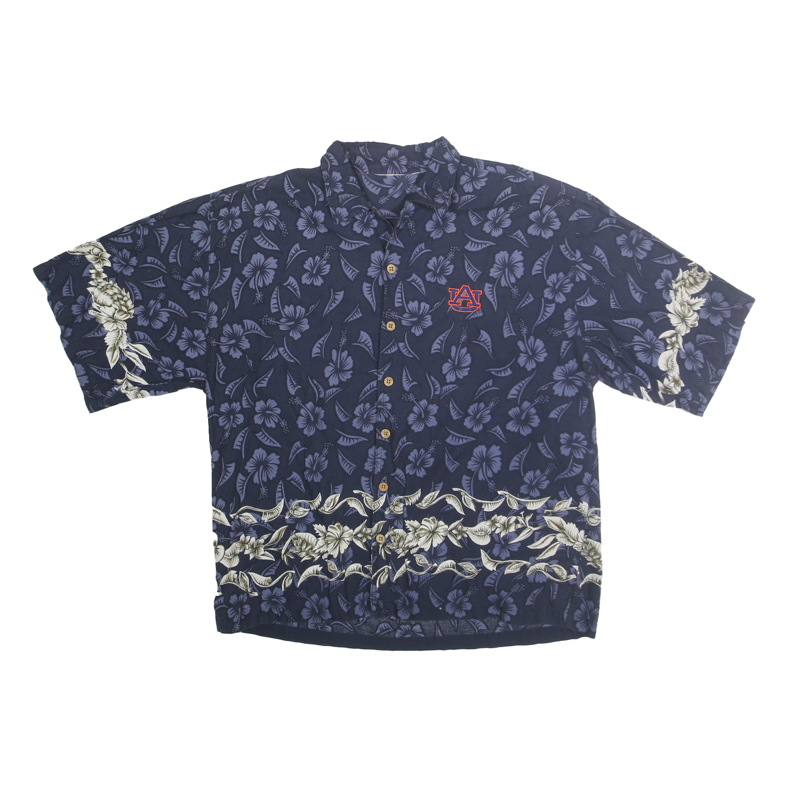 Mens Navy Blue Cotton Hawaiian Shirt L Floral Print Button Front Casual Refurbished - N/A refurbished available on Cerqular