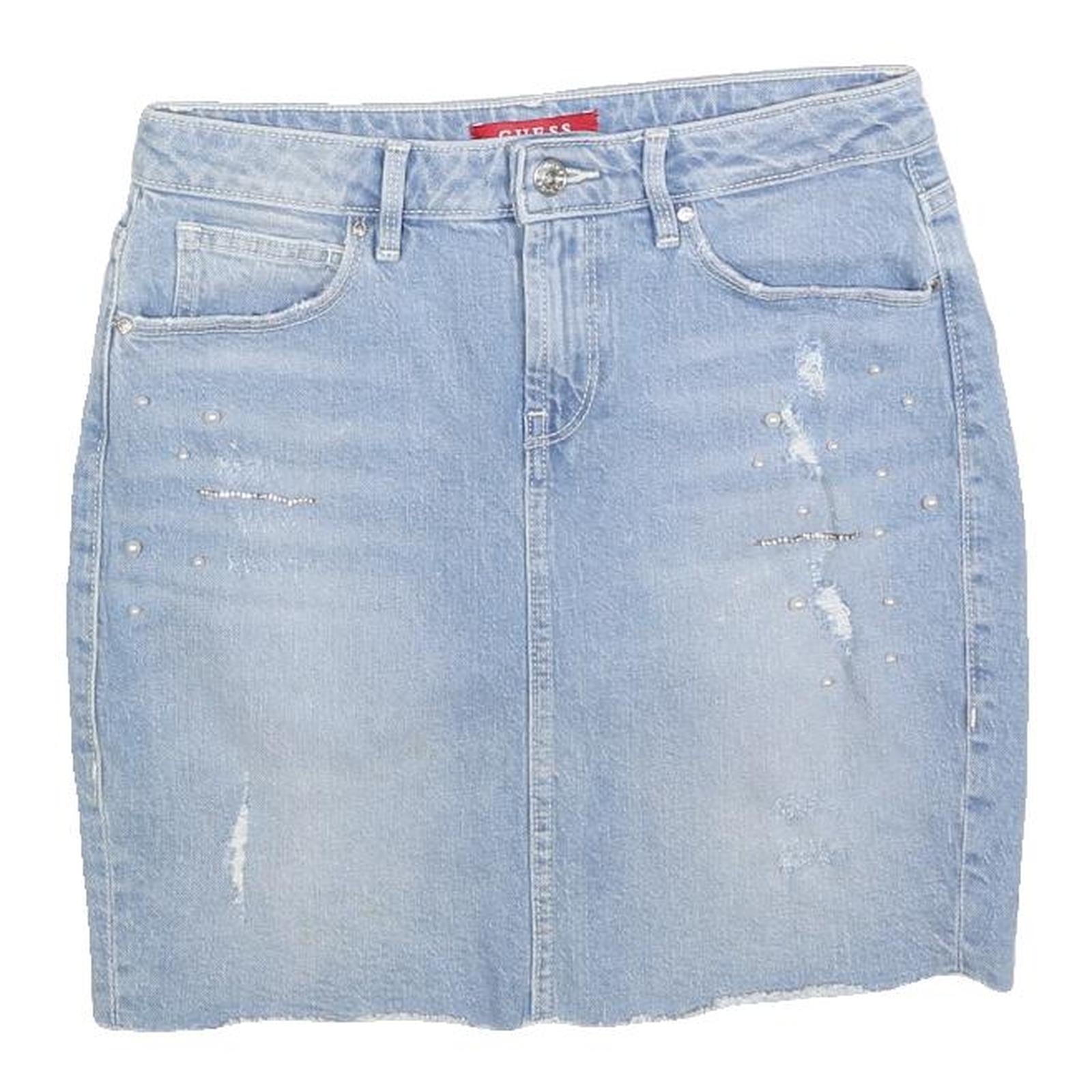 GUESS Womens Blue Denim Mini Cotton Blend Skirt S Embellished Distressed Casual Refurbished - N/A refurbished available on Cerqular