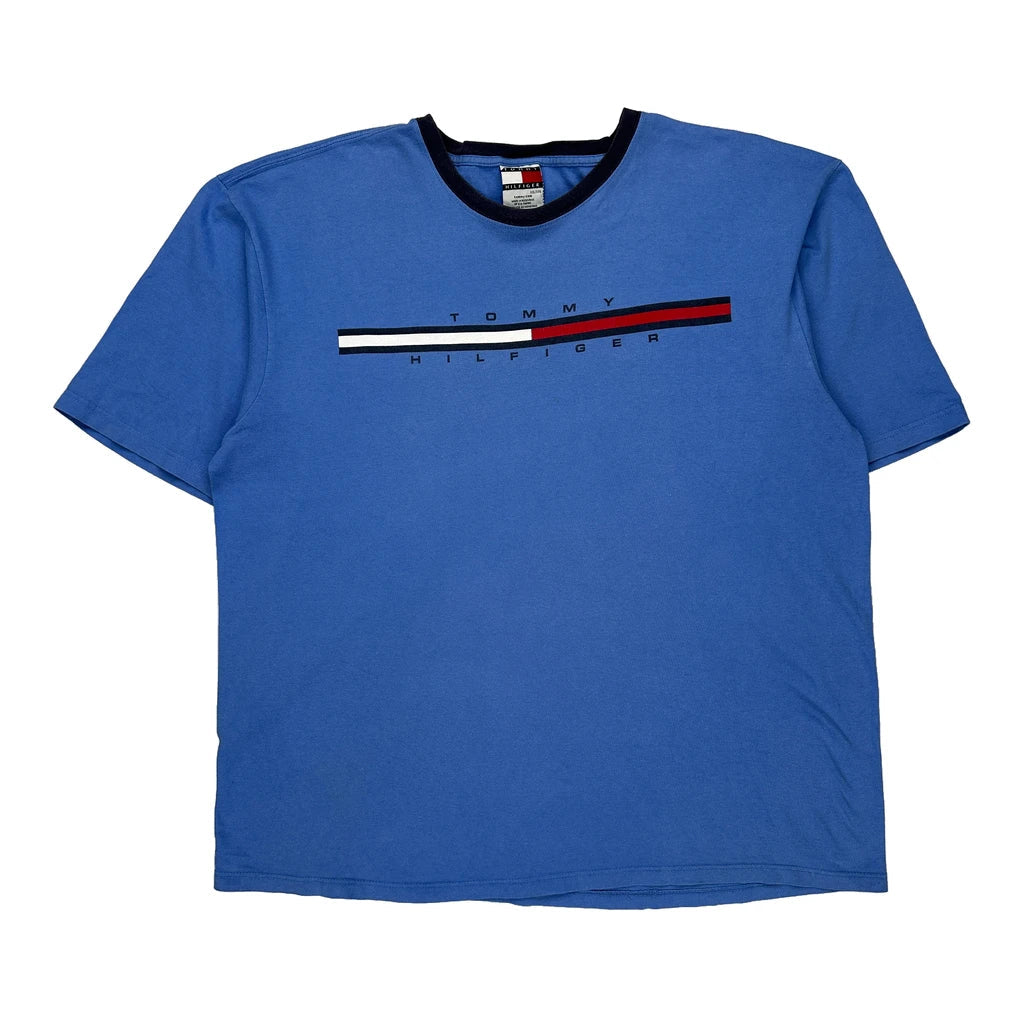 Tommy Hilfiger Spellout T-Shirt - 2XL Blue Cotton Refurbished - Thrifted (note: this is a term often used to describe second- refurbished available on Cerqular