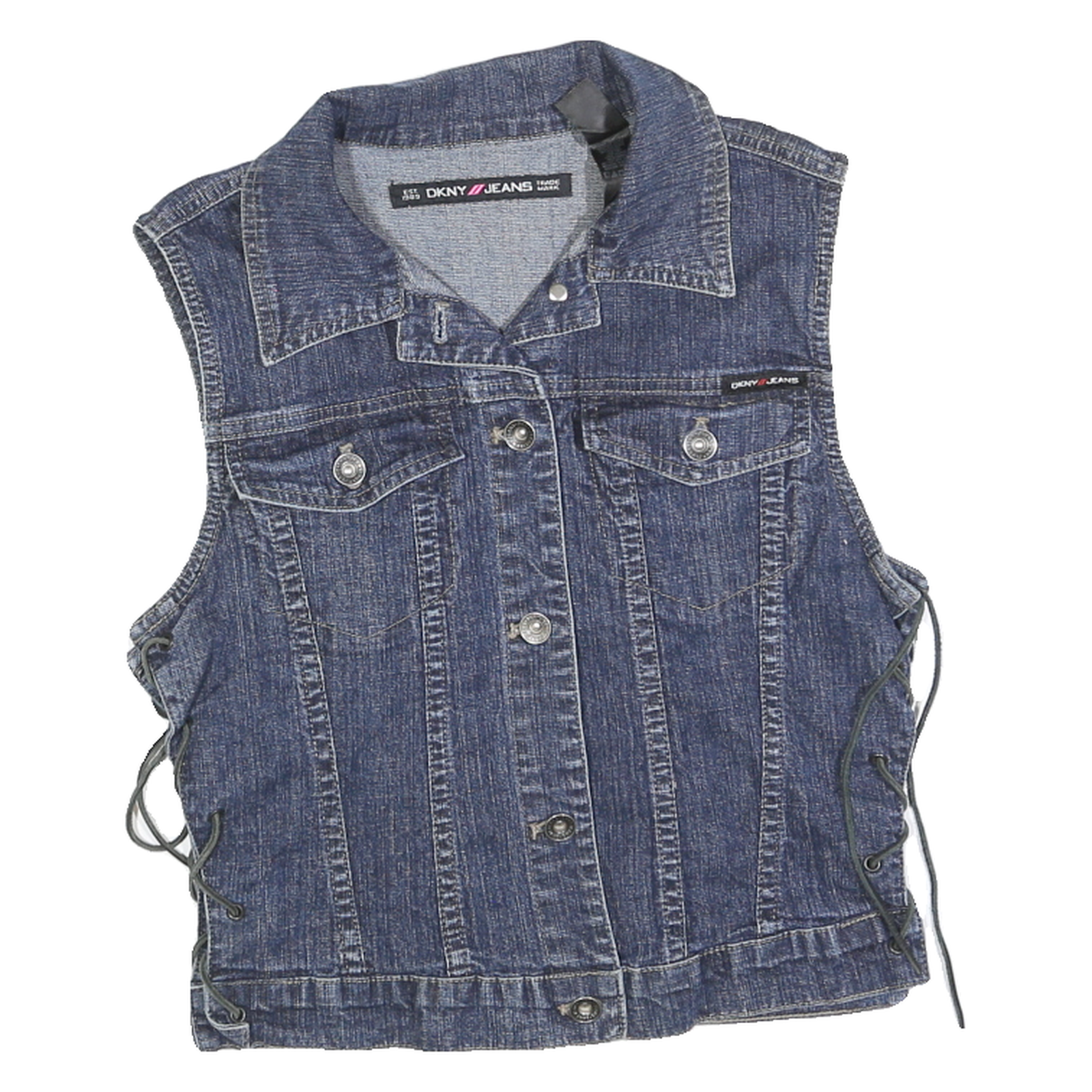 DKNY Womens Blue Denim Jacket S Cotton Button Sleeveless Lace-Up Side Detail Refurbished - N/A refurbished available on Cerqular