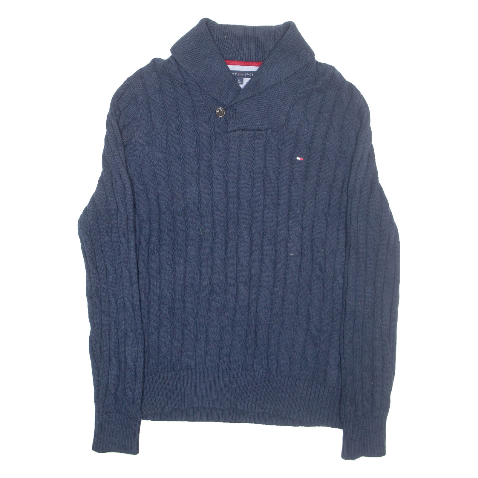 TOMMY HILFIGER Mens Jumper Blue Button Neck Cable Knit M Refurbished - N/A refurbished available on Cerqular