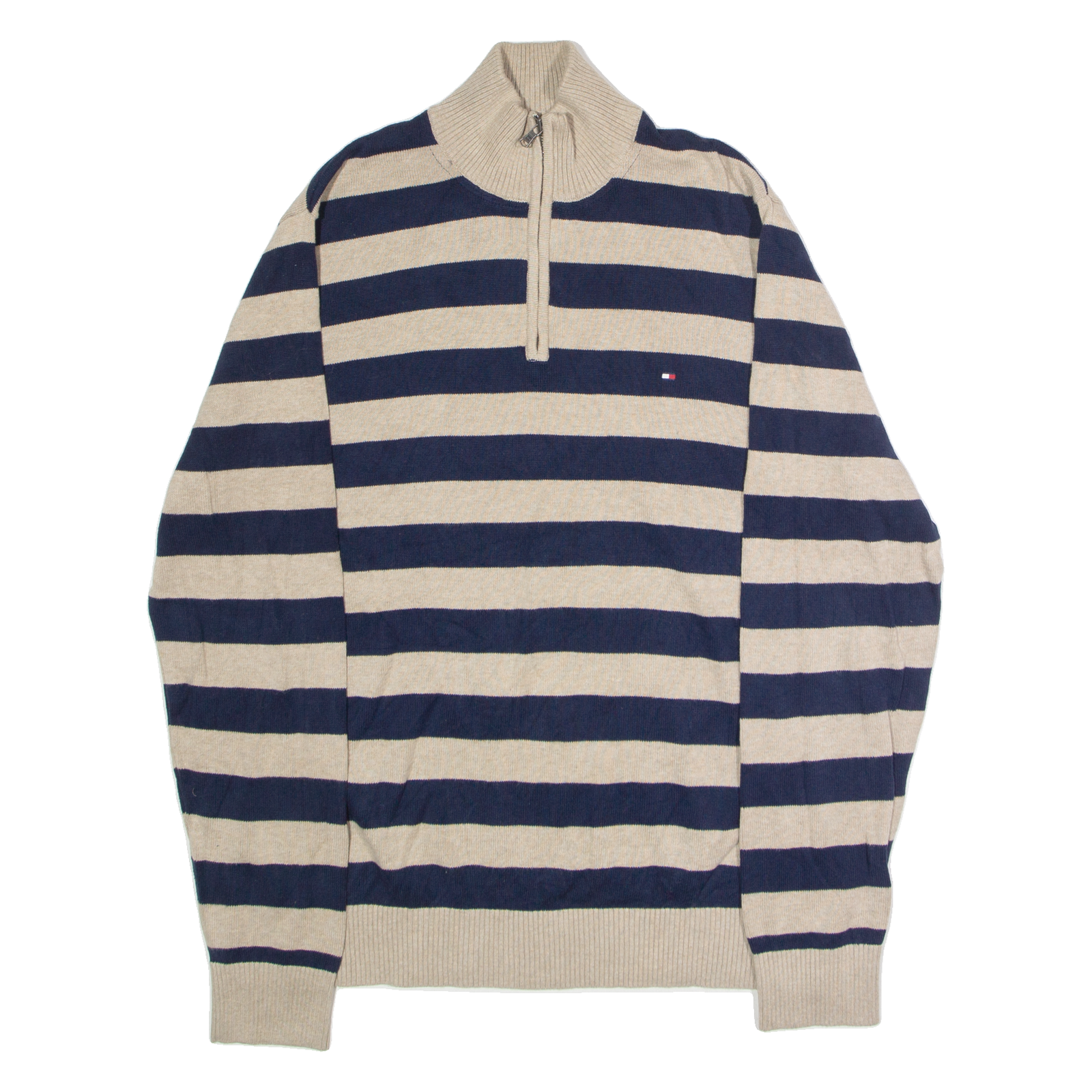 TOMMY HILFIGER Mens Patterned Jumper Beige Striped 1/4 Zip Tight Knit 2XL Refurbished - N/A refurbished available on Cerqular