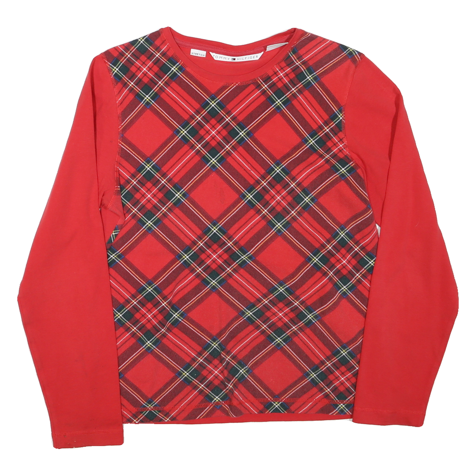 TOMMY HILFIGER Womens Red & Black Plaid Long Sleeve Crew Neck Cotton Blend L Refurbished - N/A refurbished available on Cerqular