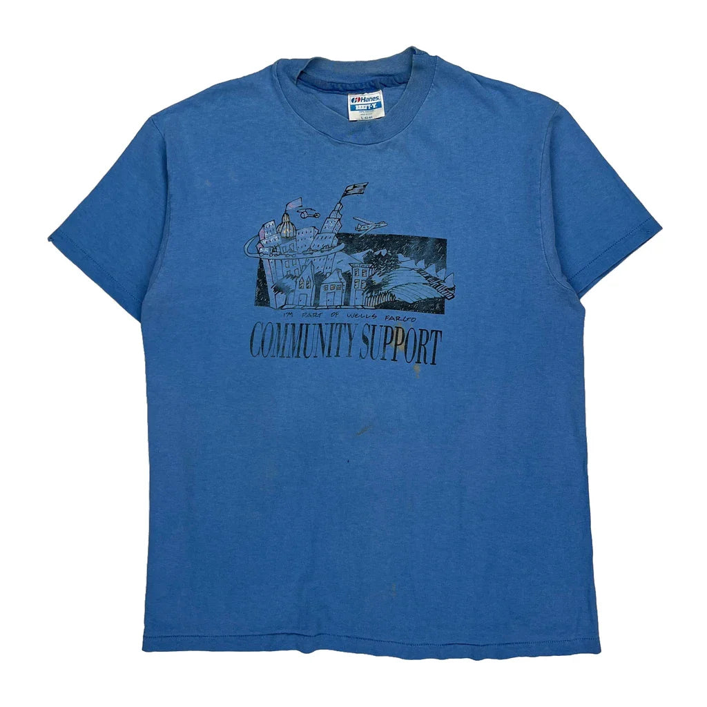 Community Support Hanes Graphic T-Shirt - Large Blue Cotton Refurbished - Thrifted (note: this is a term often used to describe second- refurbished available on Cerqular